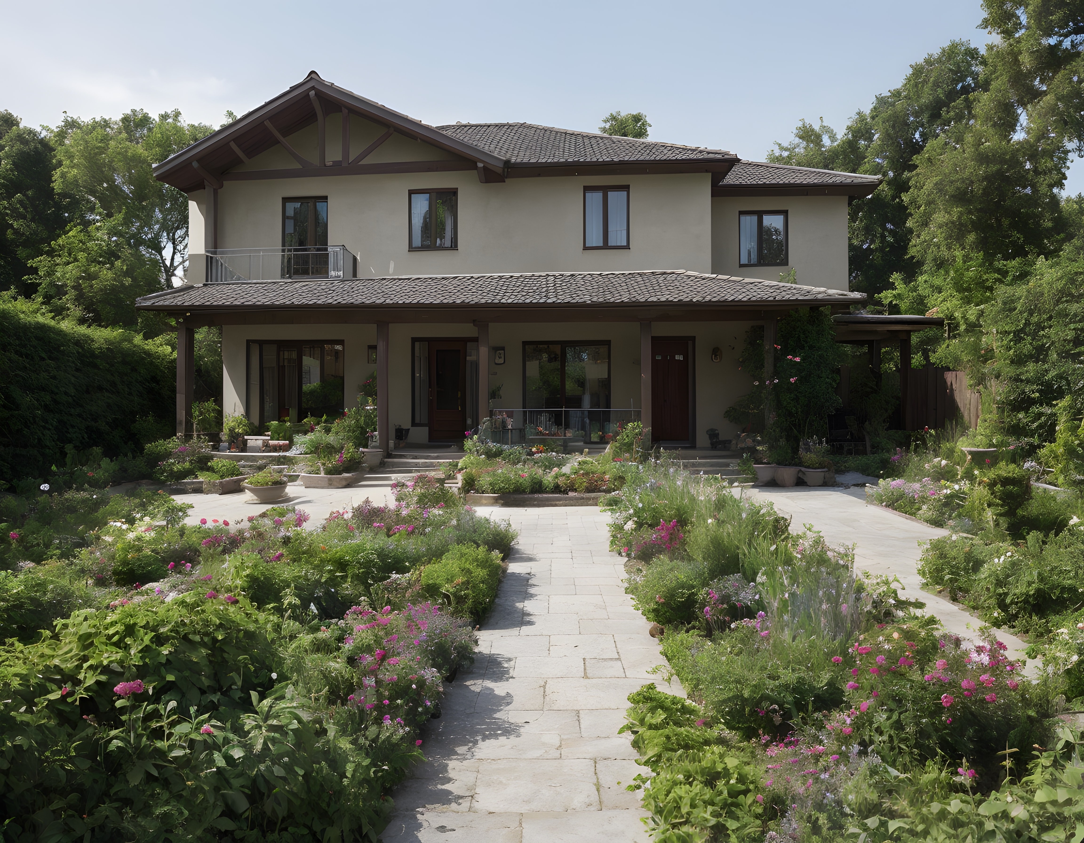 İki Katlı Modern Kır Evi ve Bakımlı Çiçekli Ön Bahçe Manzarası