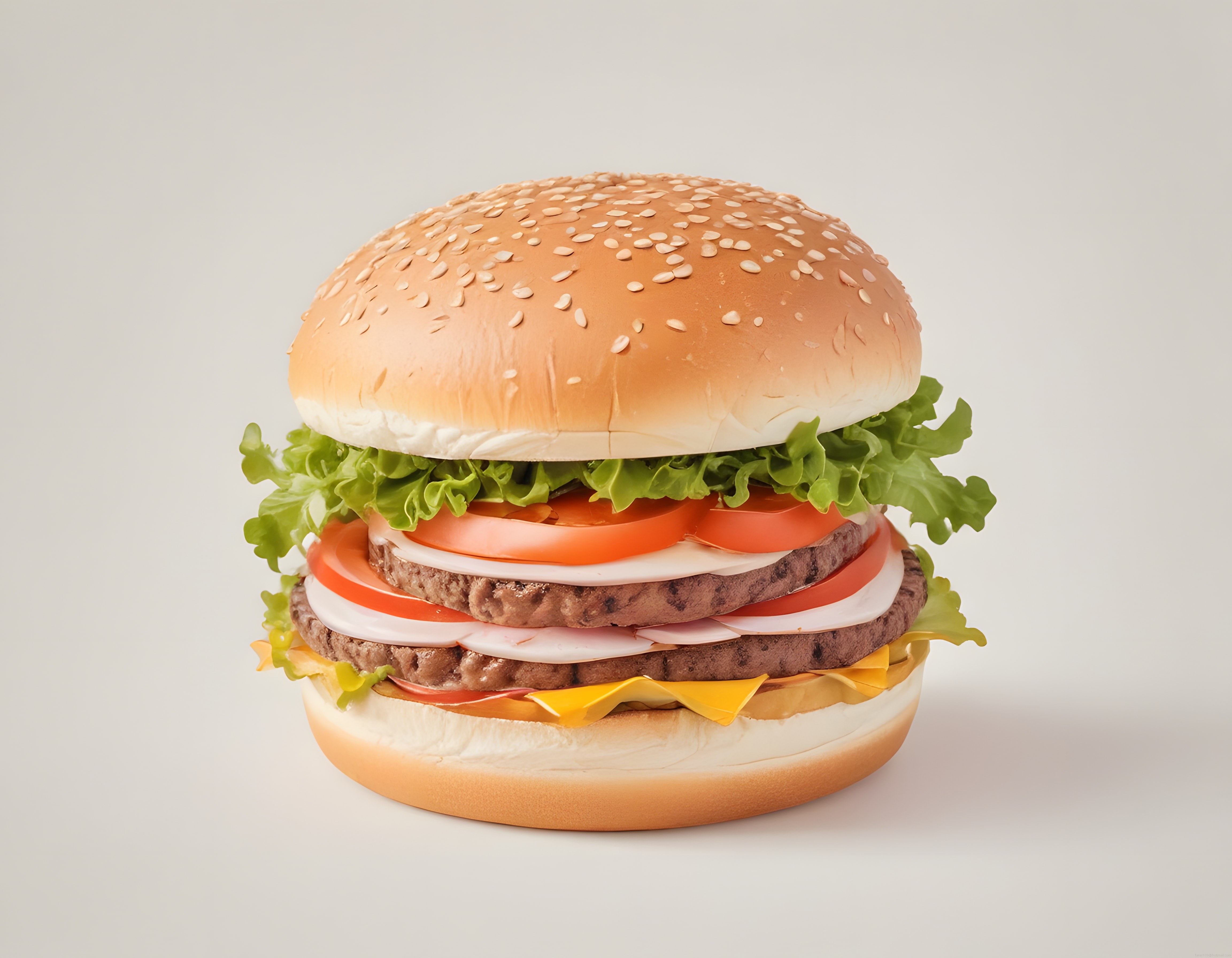 İki katlı nefis hamburger; kıtır marul, domates ve soğanla susamlı ekmek arası
