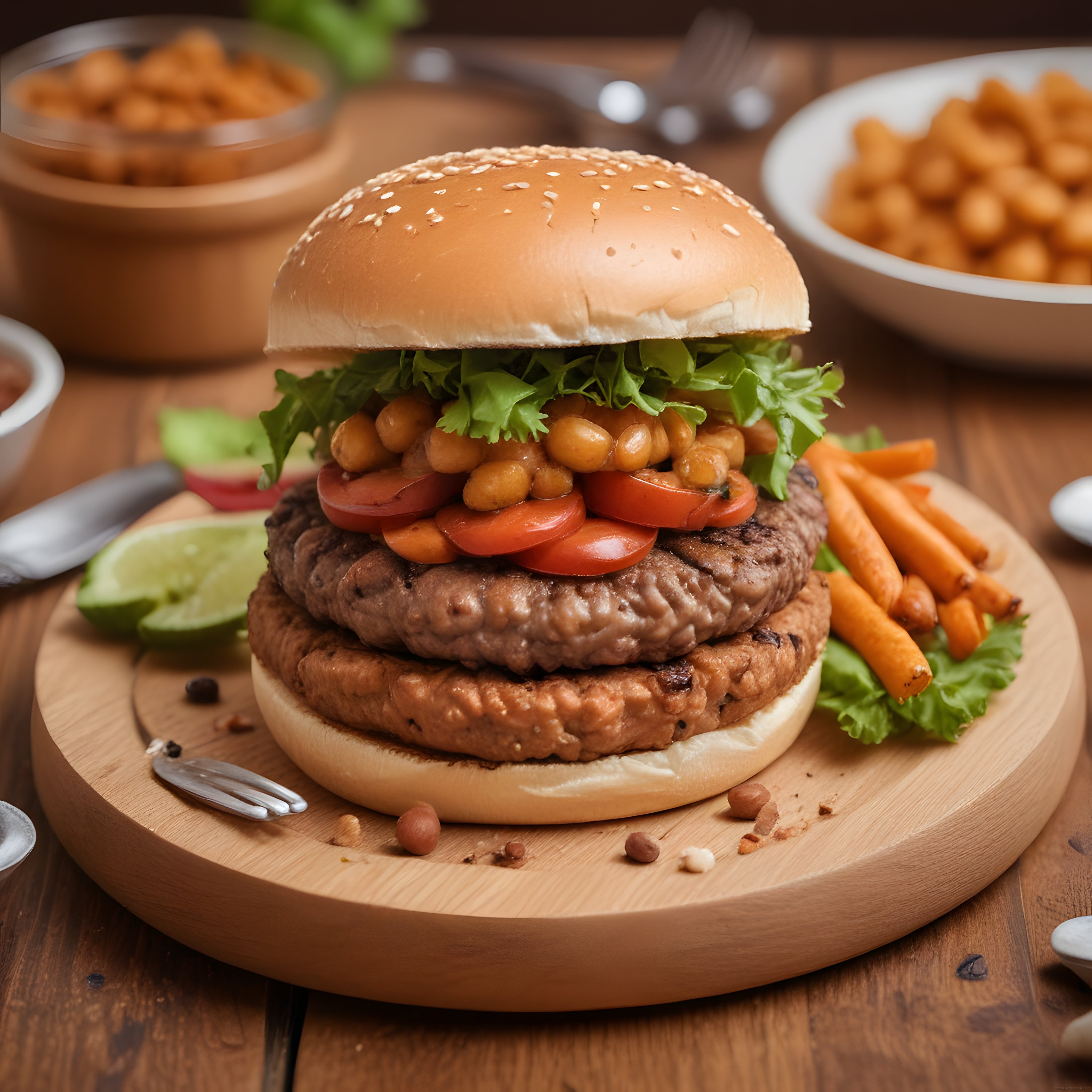 İki Katlı Nefis Hamburger ve Patates Kızartması ile Şık Sunum