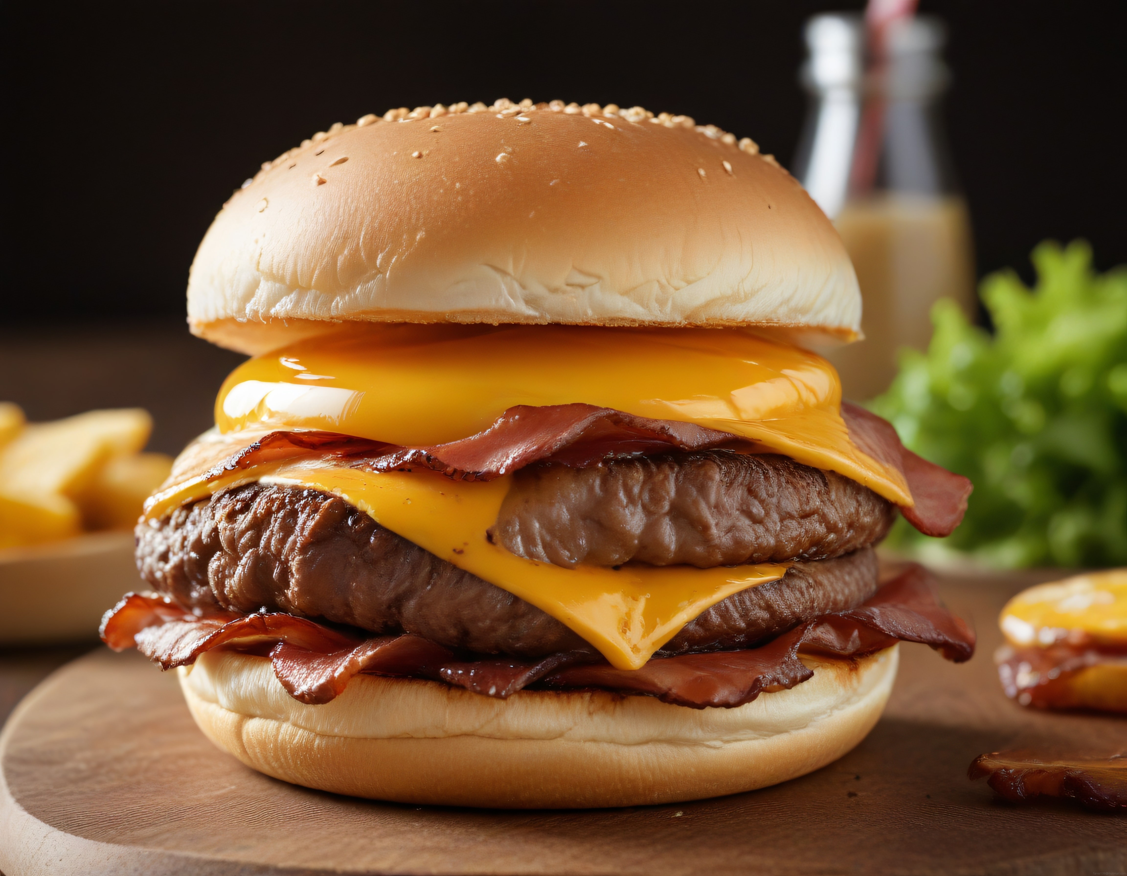 İki Katlı Pastırmalı Cheddar Peynirli Hamburger ve Patates Kızartması