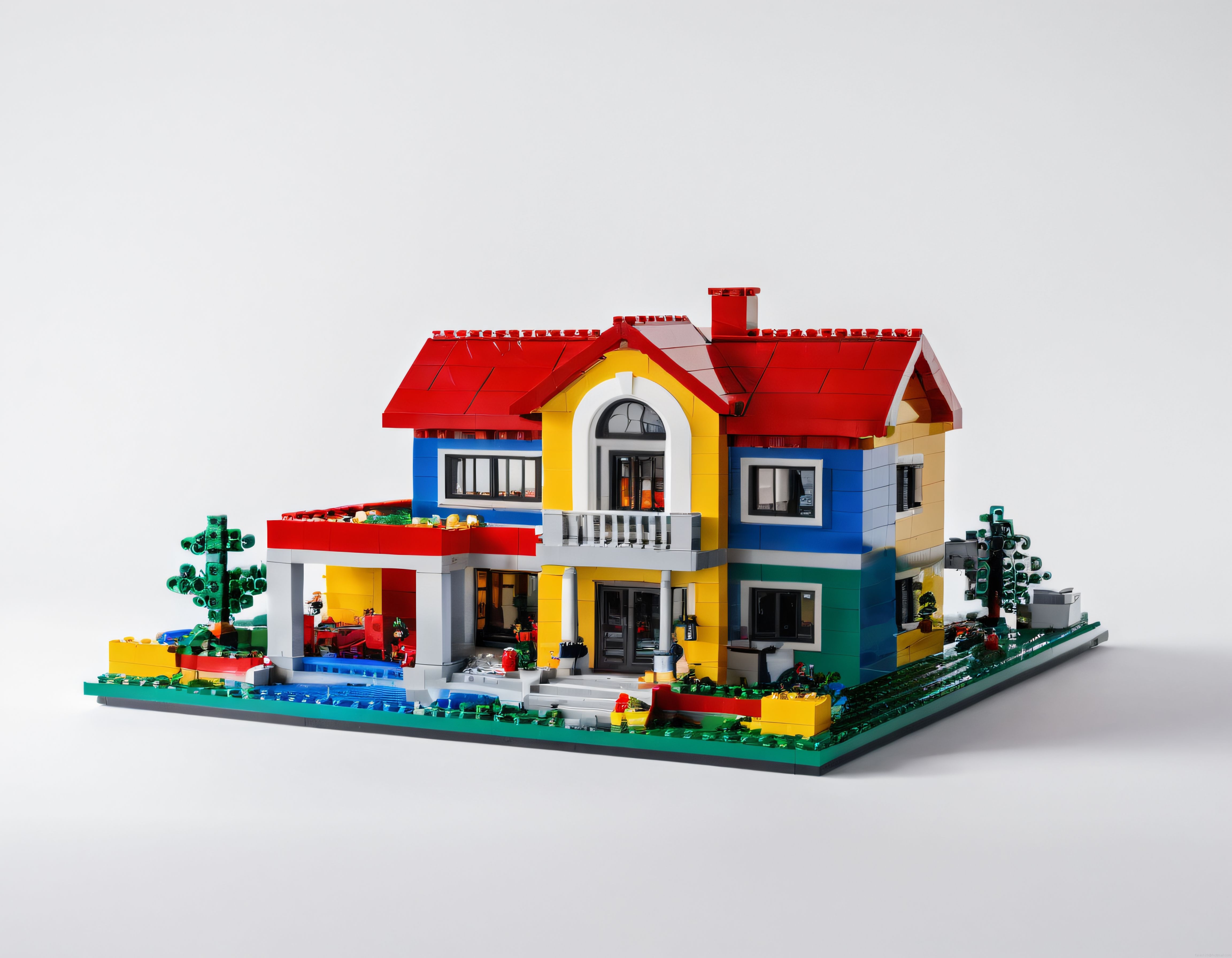 İki Katlı Renkli LEGO Ev Modeli: Kırmızı Çatılı Havuzlu Minyatür Yapı