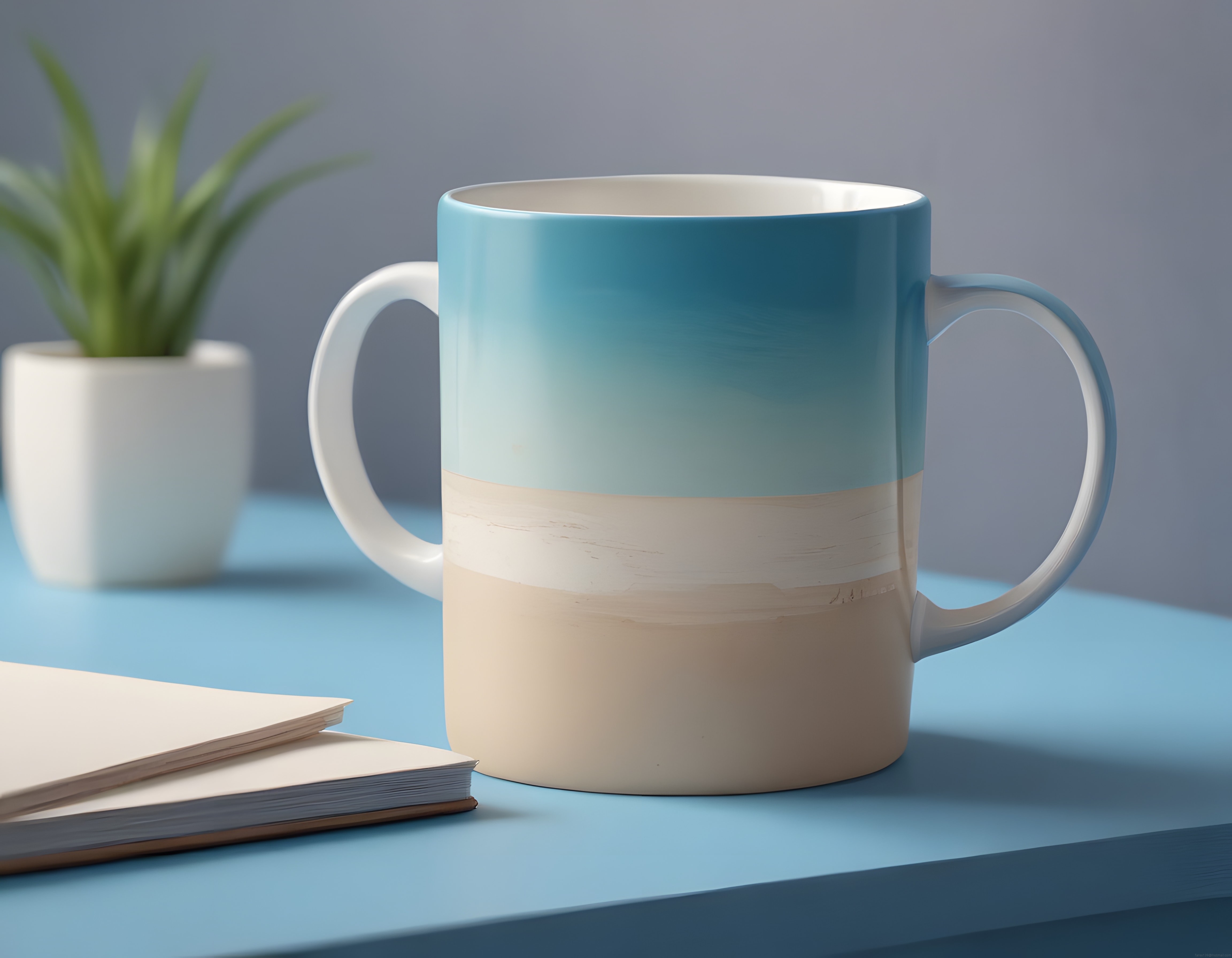 İki Kollu Seramik Kupa ile Pastel Tonlarda Minimalist Çalışma Köşesi