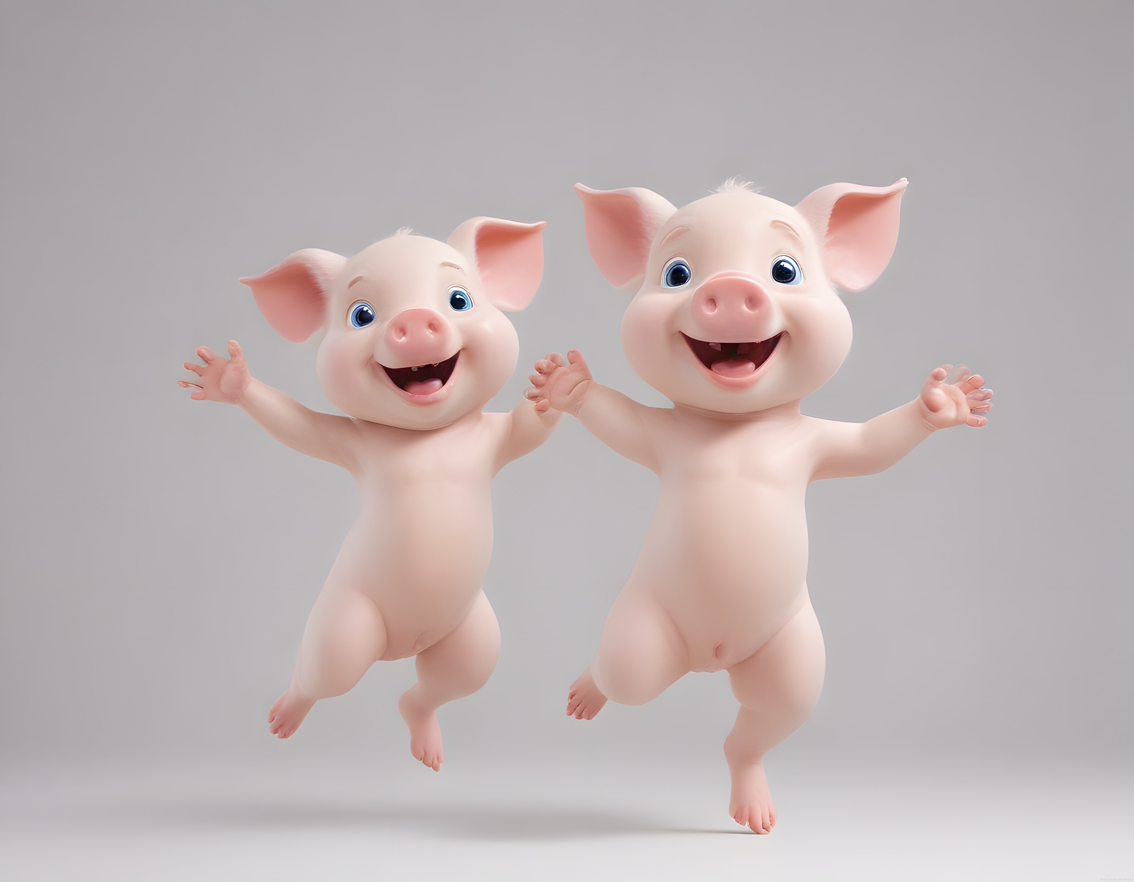 İki Sevimli 3D Animasyon Domuzcuk Karakterinin Neşeli Dans ve Mutlu Zıplama Anı