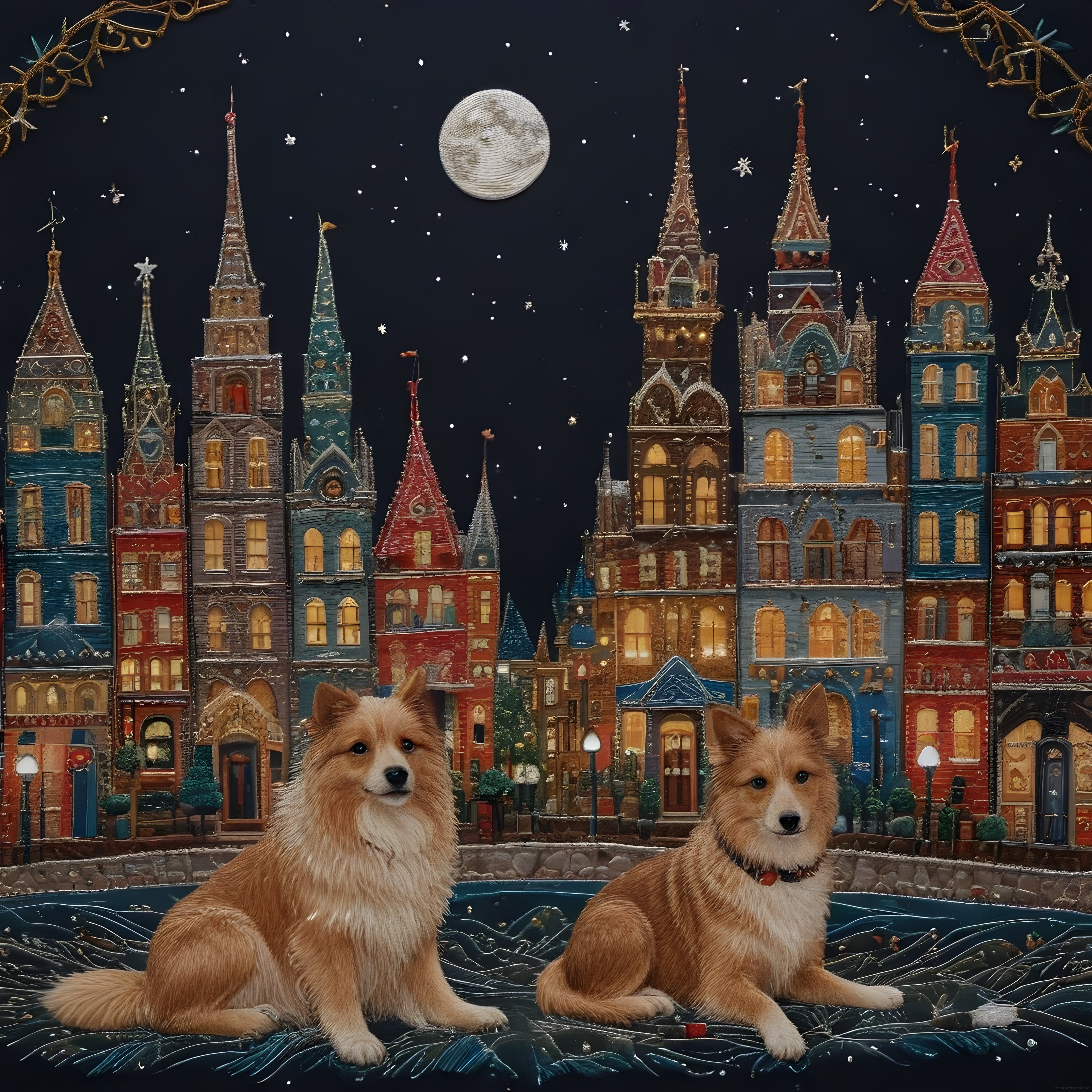 İki Sevimli Köpek ve Masalsı Gece Şehrinin Renkli Dijital Kompozisyonu