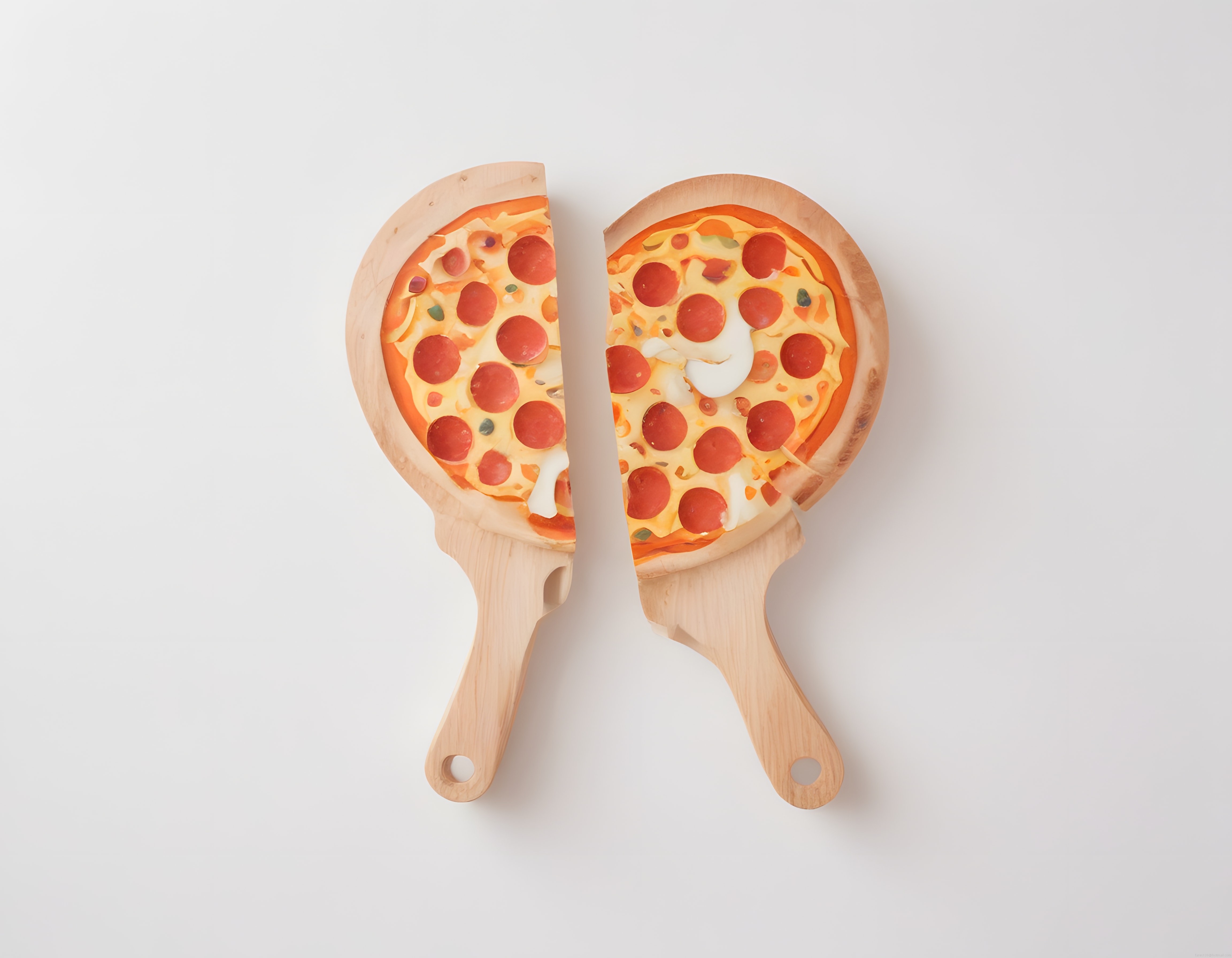 İkiye Bölünmüş Gerçekçi Pizza Tasarımlı Ahşap Dekoratif Sunum Tahtası