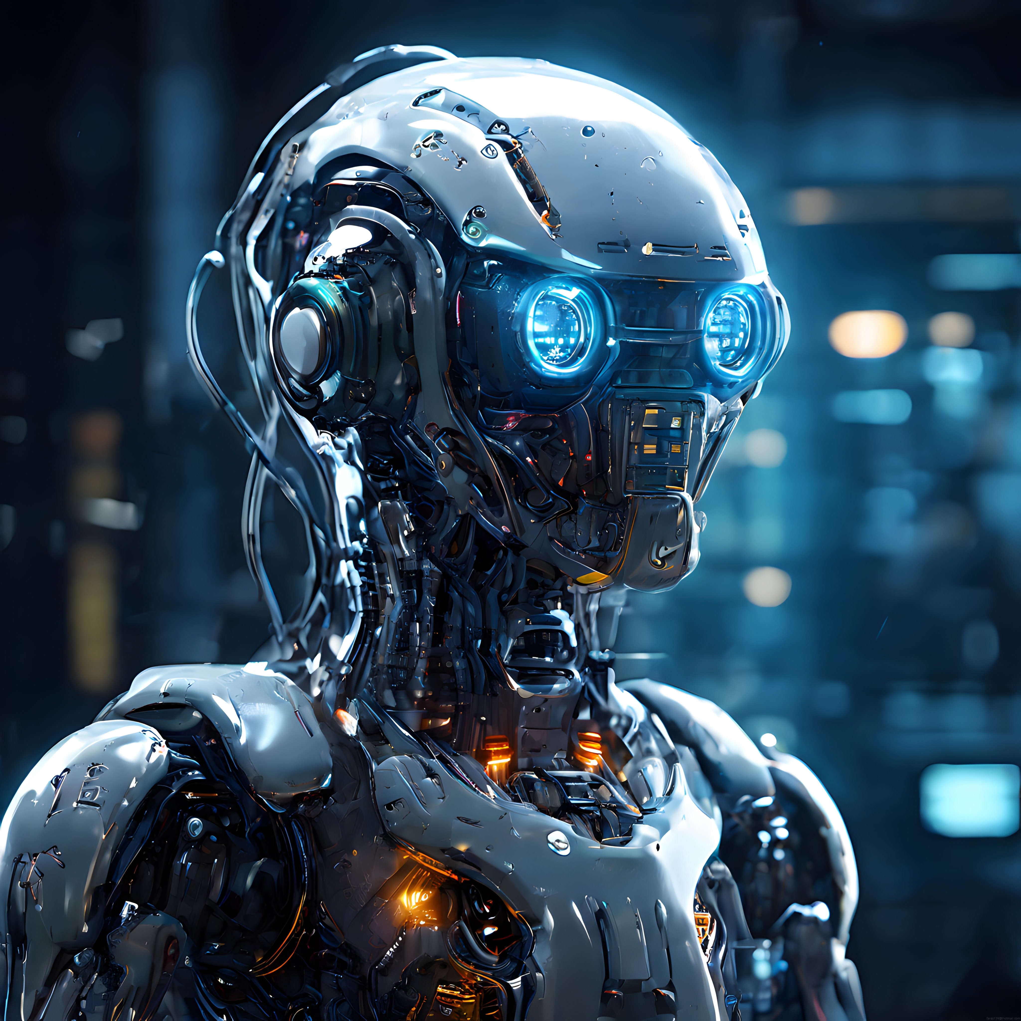 İleri Teknoloji Robot Portresi: Mavi Gözleriyle Geleceğin Mekanik Varlığı