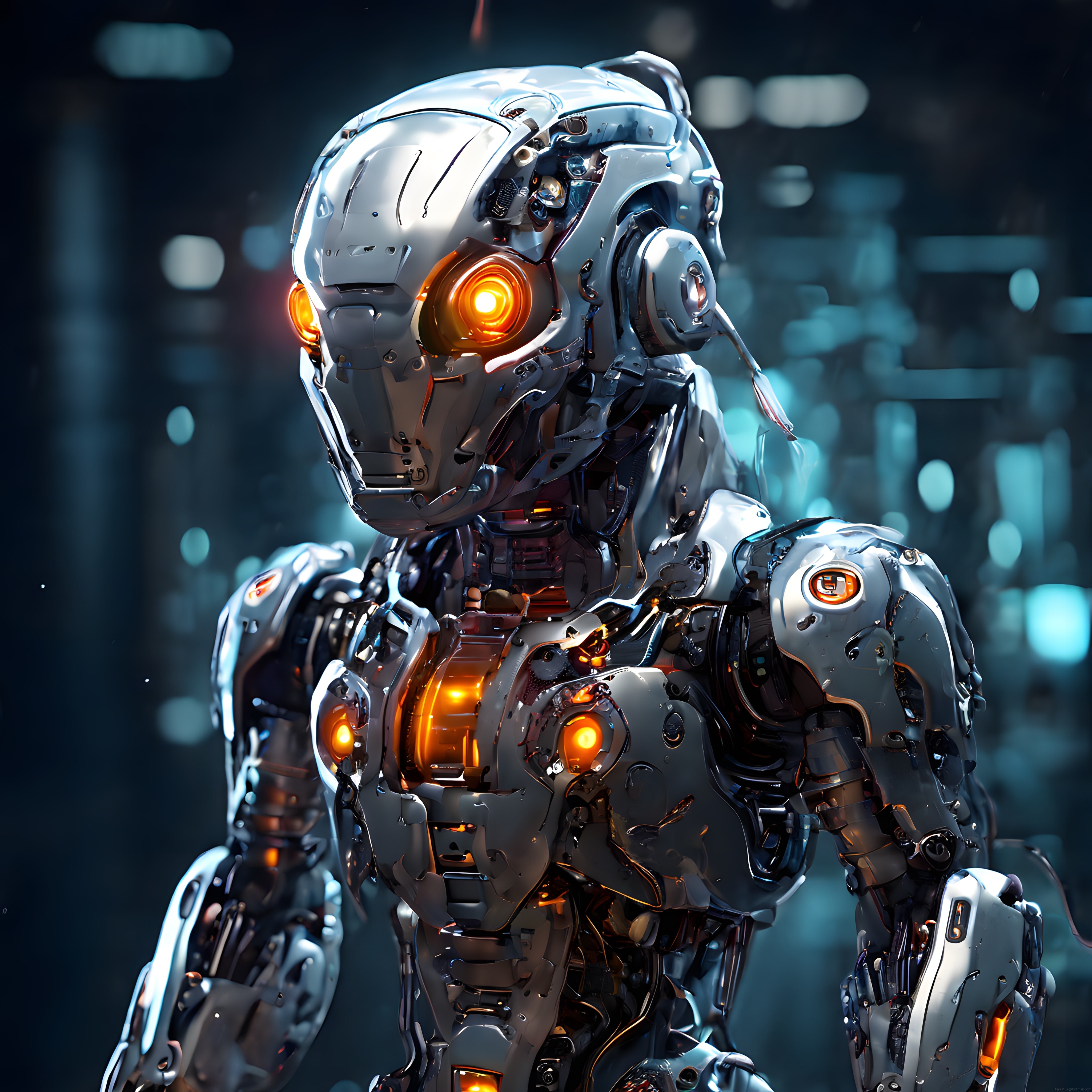 İlerici Teknolojinin Yansıması: Turuncu Işıklı Gümüş İnsansı Robot