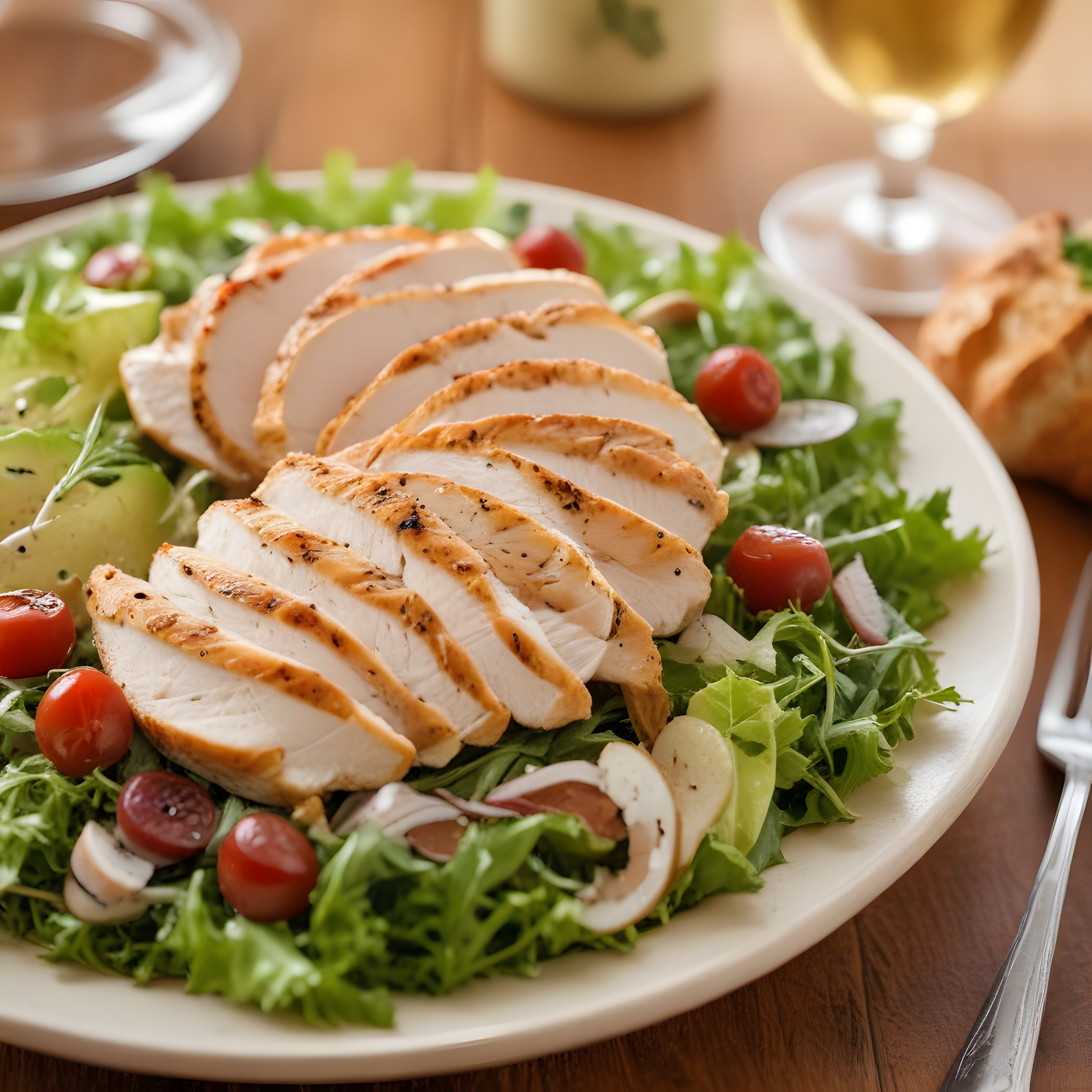 ılık ışıkta ahşap masa üzerinde sunulan ızgara tavuklu salata tabağı