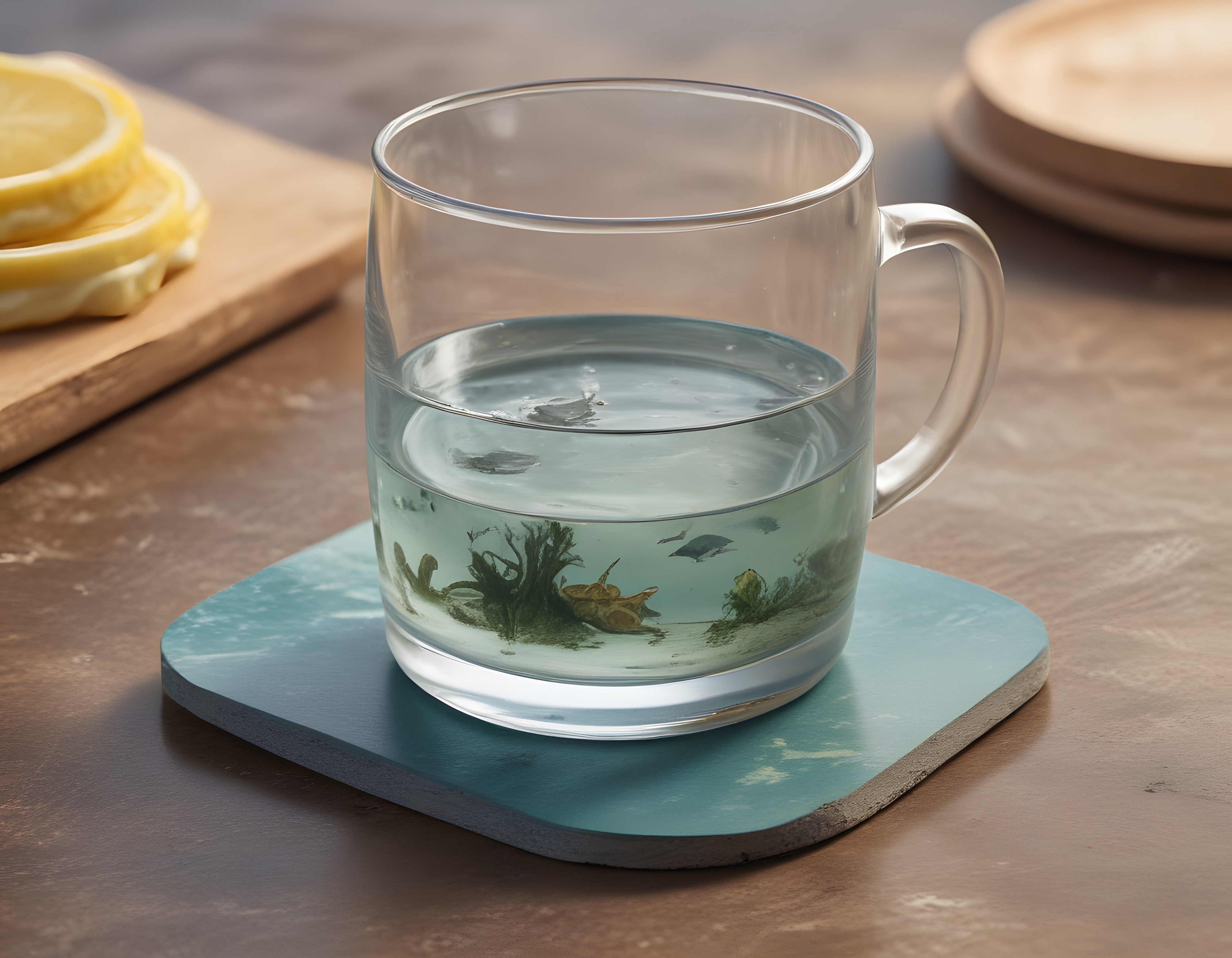 Ilık Limonlu Detoks Suyu ve Deniz Temalı Altlıkla Evde Sağlıklı İçecek Sunumu