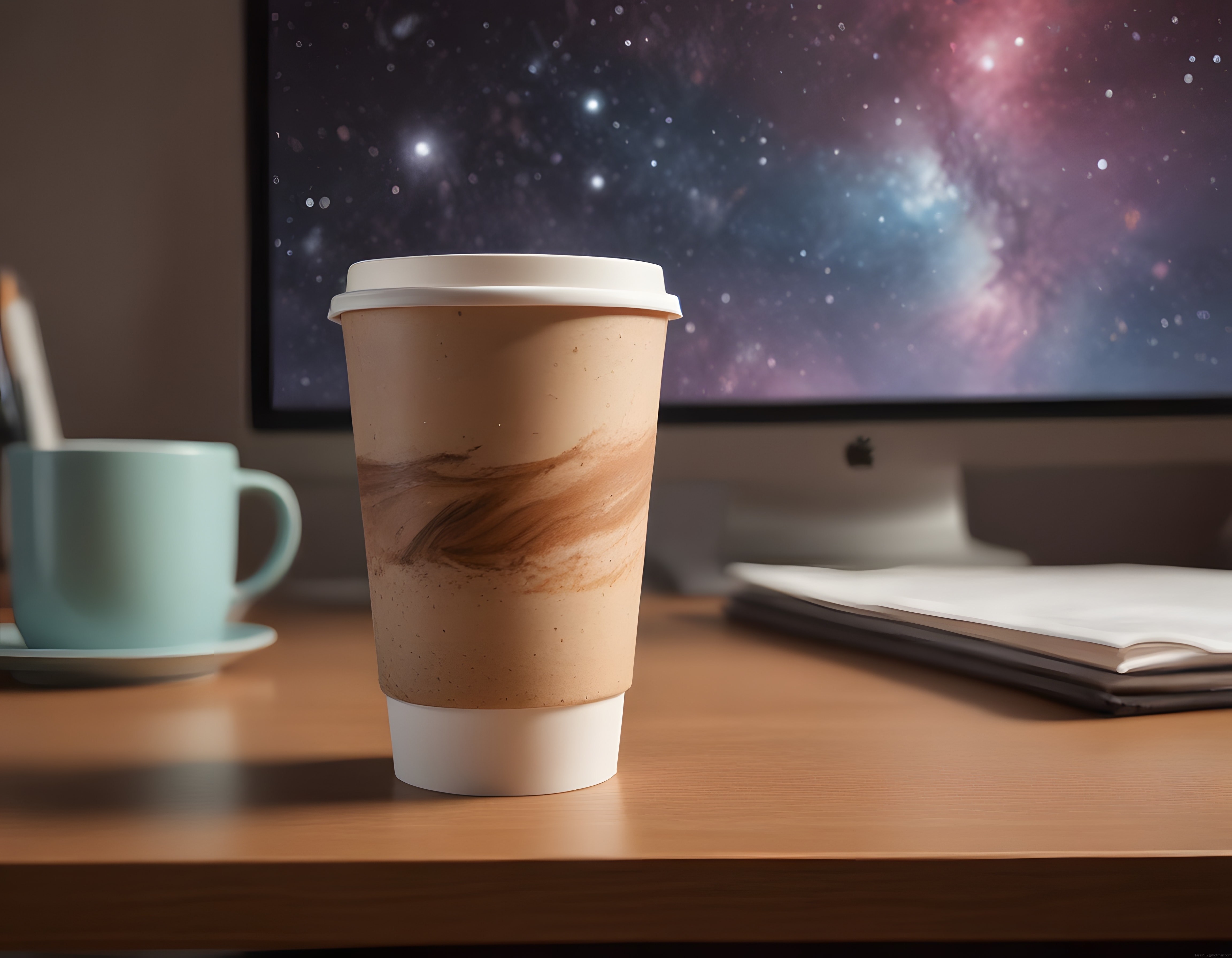 iMac önünde galaksi temalı ekran ve mermer desenli kağıt kahve bardağı çekimi