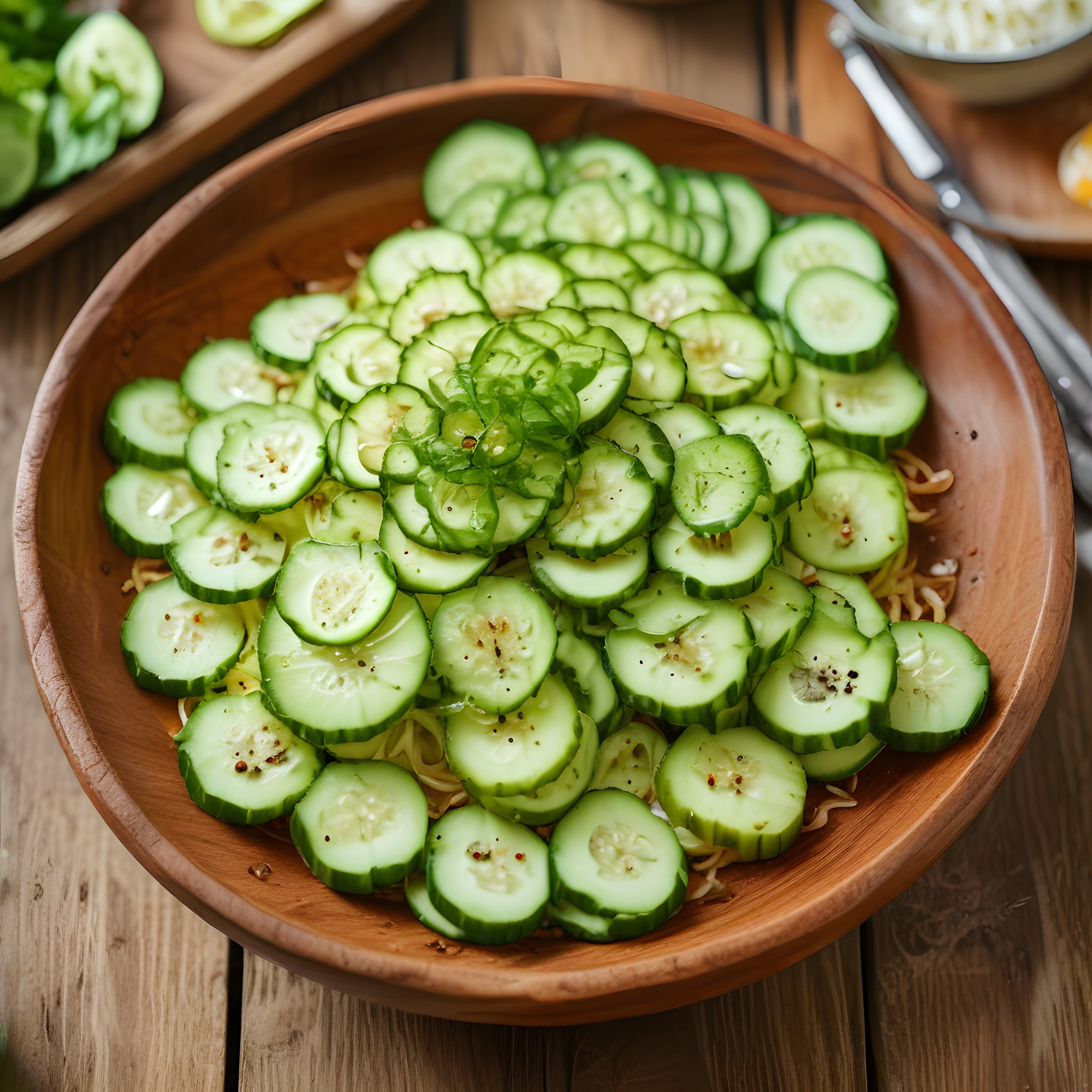 İnce Dilim Salatalıkla Süslenmiş Ahşap Kasede Makarna Salatası