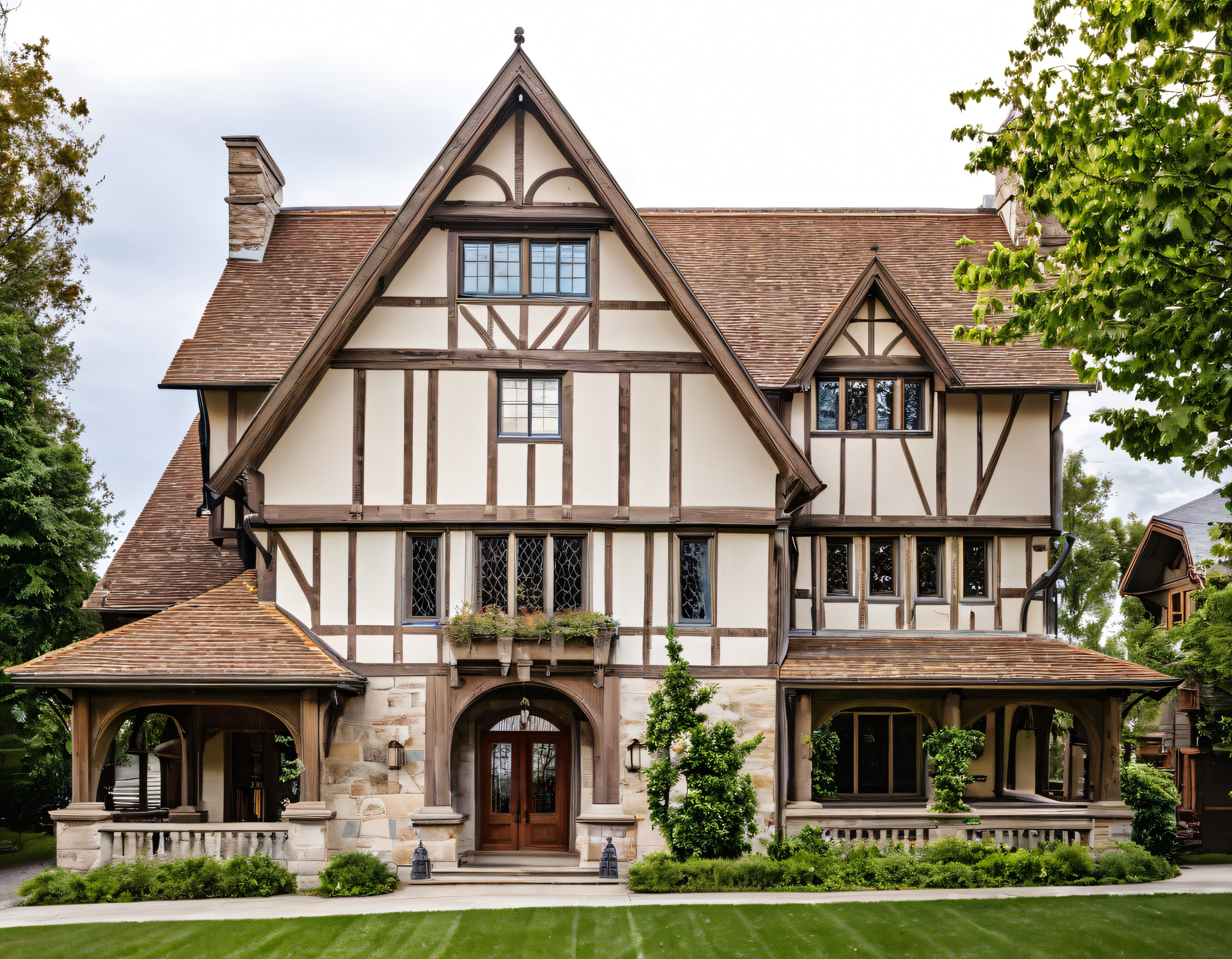 İngiliz Tudor Stili Lüks Villa ve Yarım Ahşap Cephe Detayları