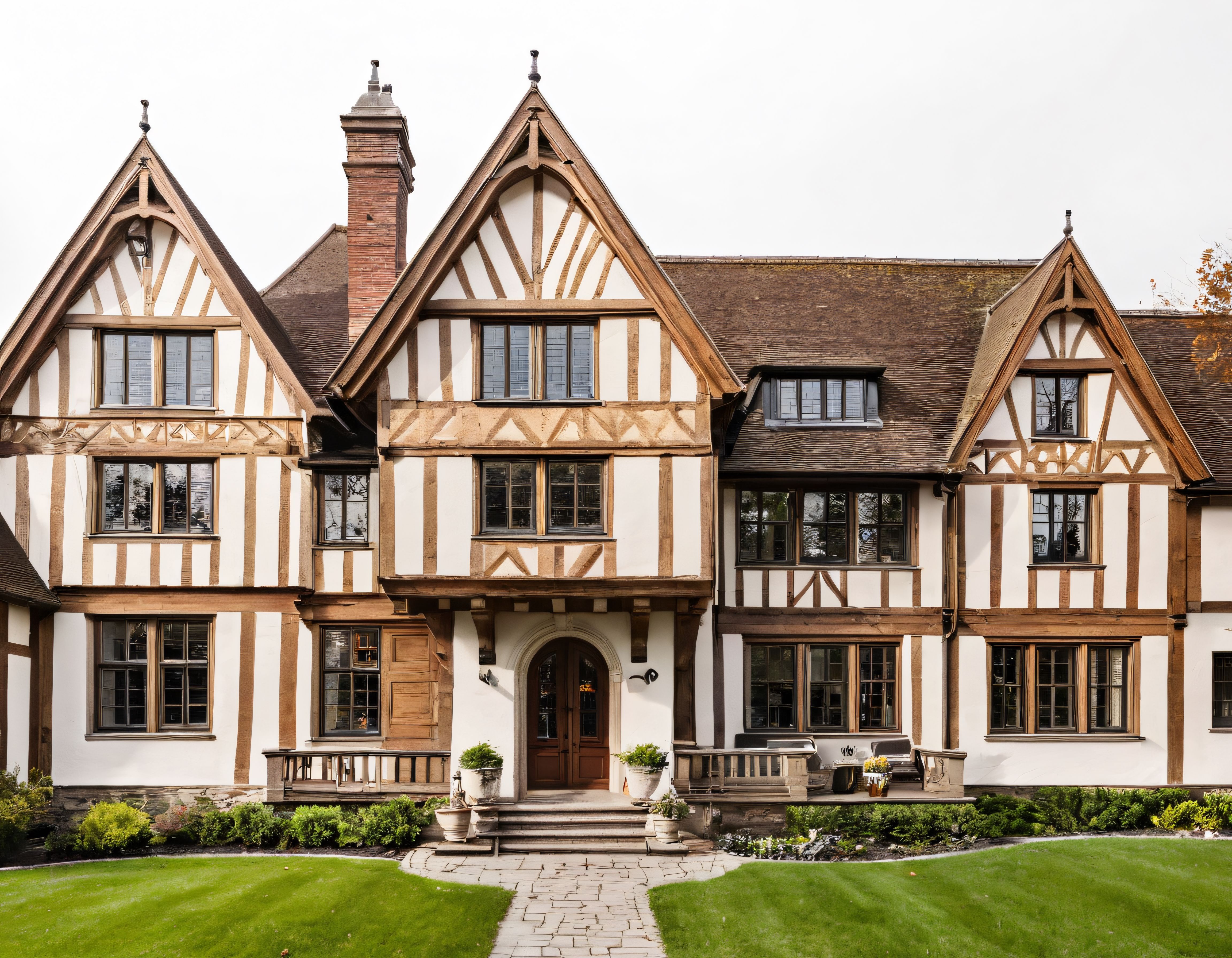 ingiliz tudor tarzı görkemli kır evi ahşap karkas mimarisi ve özenli bahçe