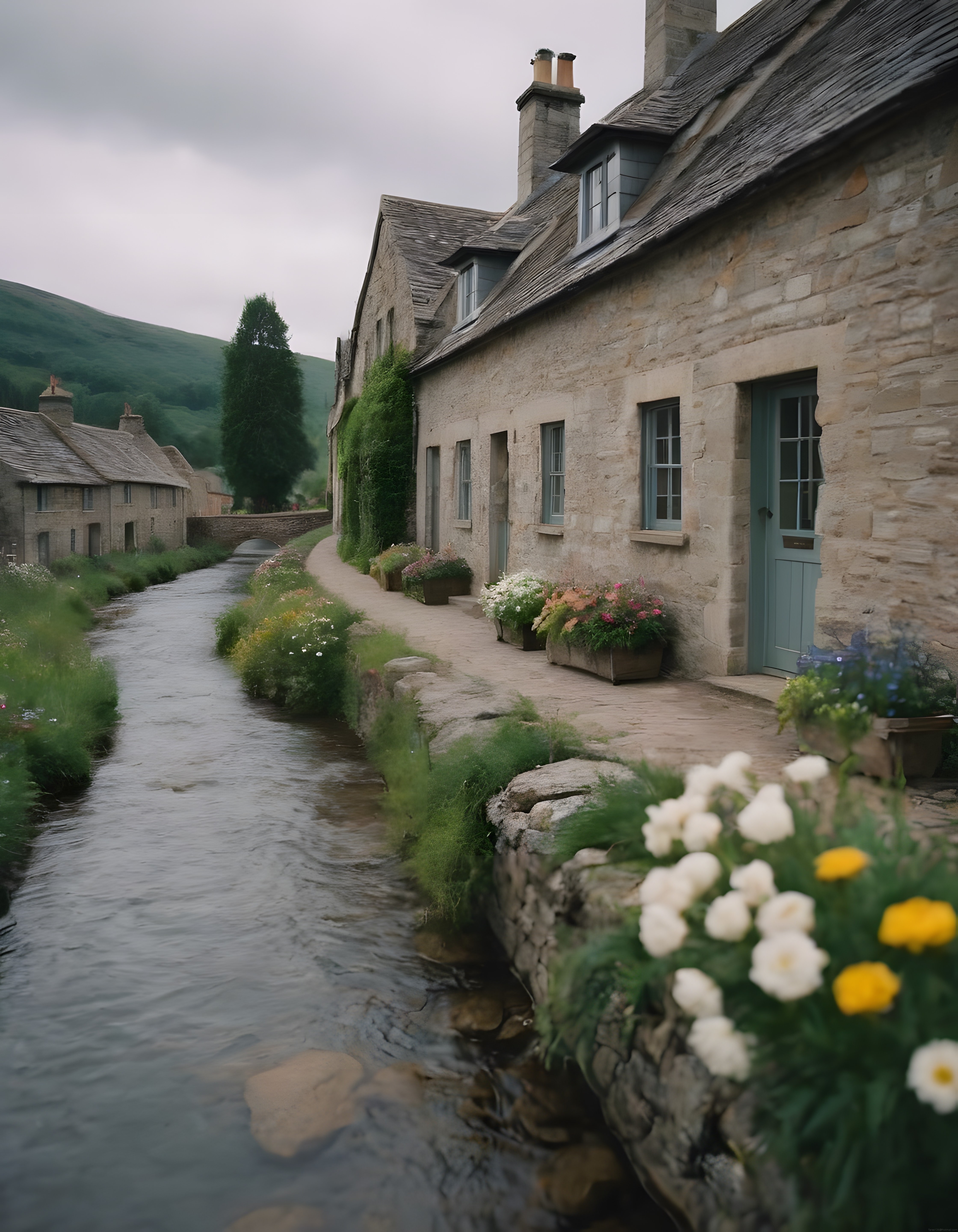 İngiltere Cotswolds'ta Tarihi Taş Evler ve Dere Kenarı Çiçek Bahçeleri
