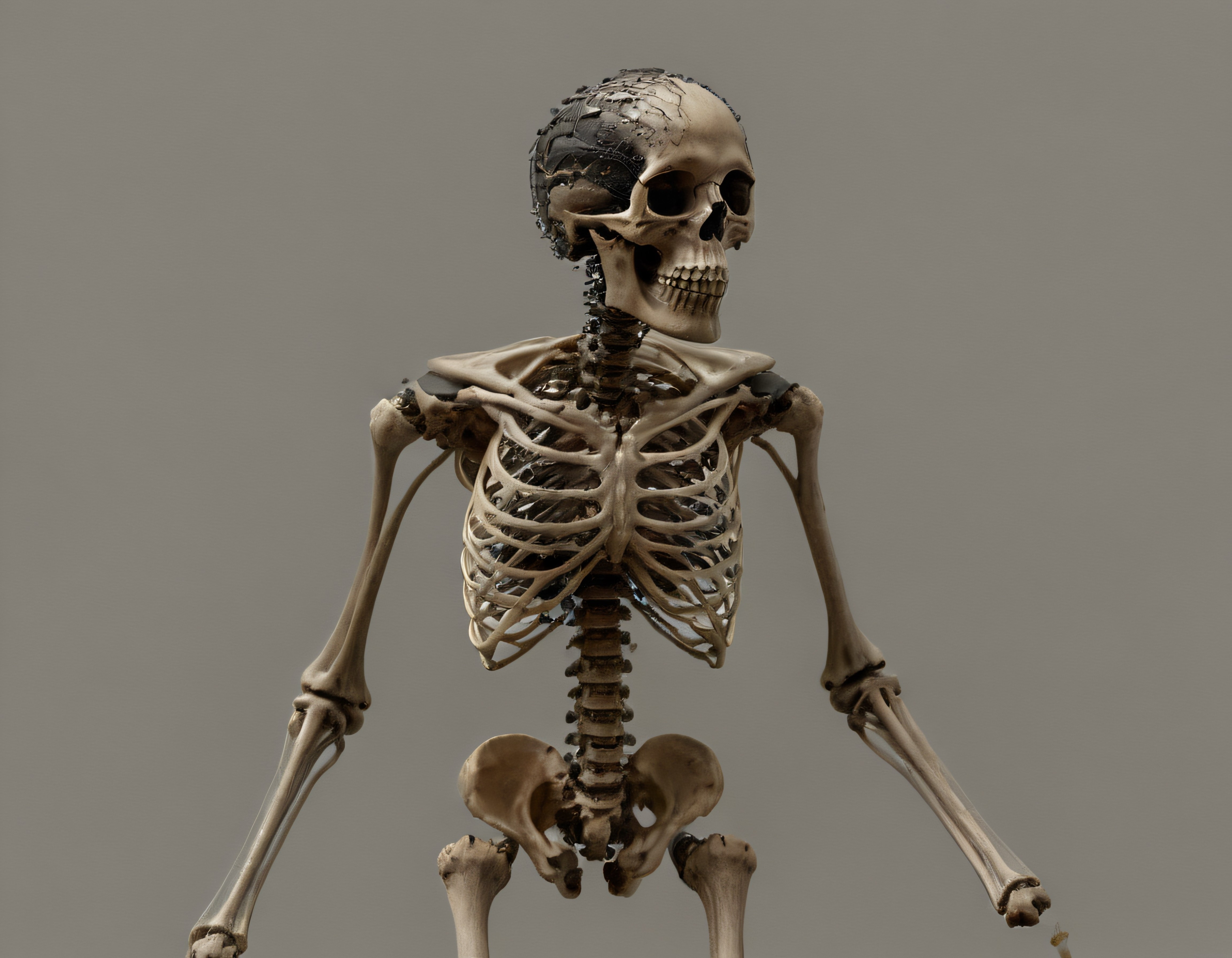 İnsan İskeleti ve Hasarlı Kafatası: Anatomik 3D Render İncelemesi