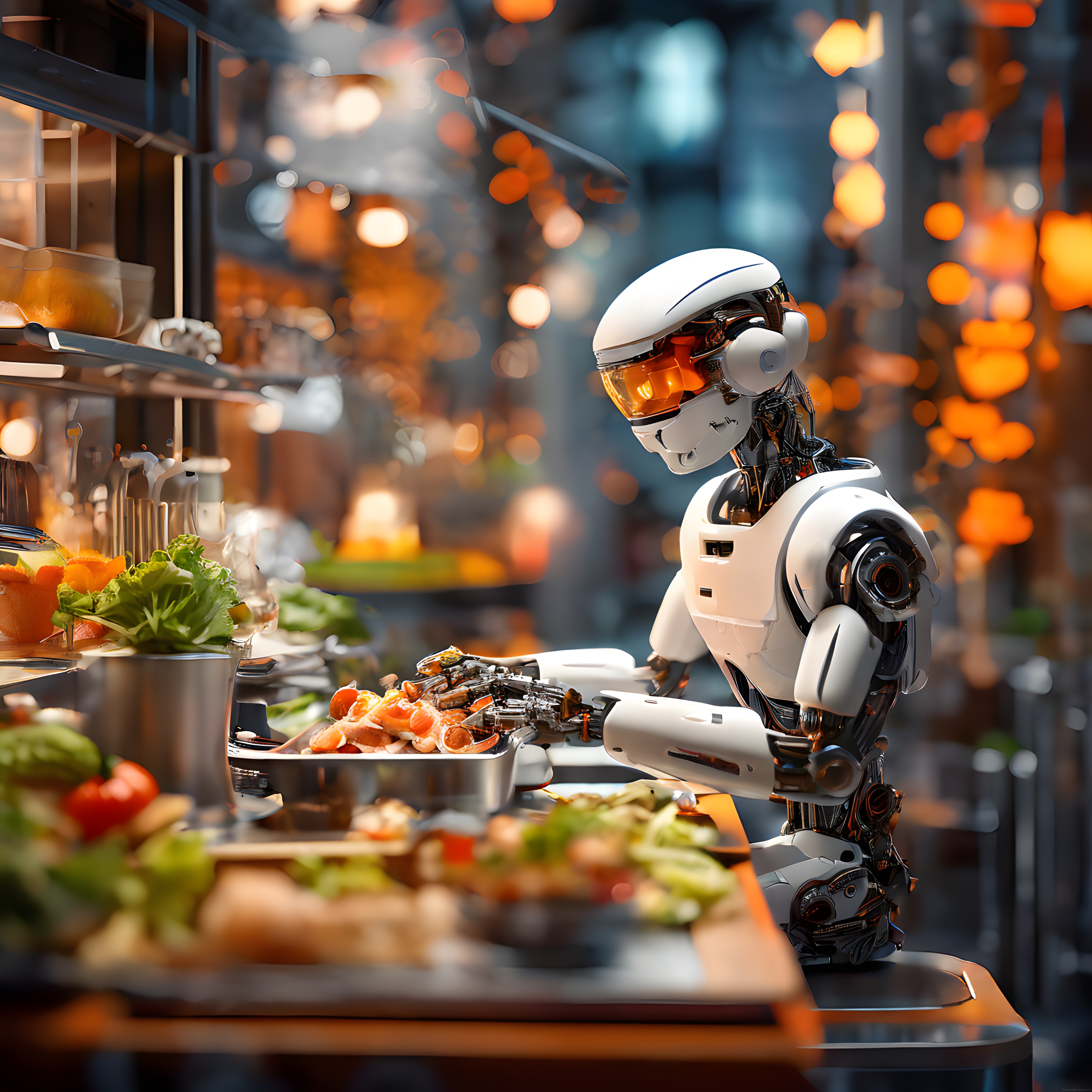 İnsansı Robot Geleceğin Modern ve Teknolojik Mutfağında Yemek Hazırlarken İnsansı Robot Geleceğin Modern ve Teknolojik Mutfağında Yemek Hazırlarken