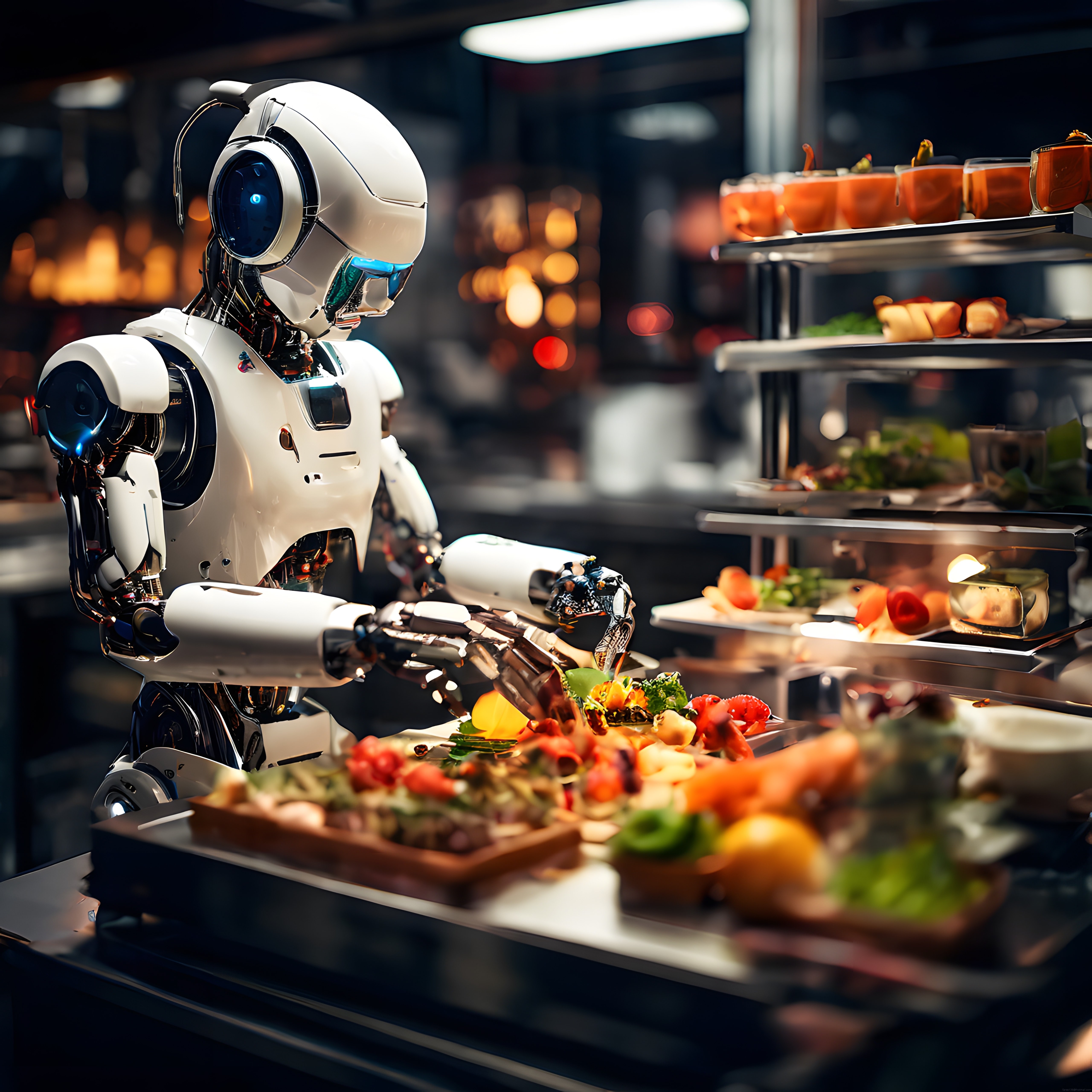 İnsansı robot şef modern restoran tezgahında yemek hazırlıyor