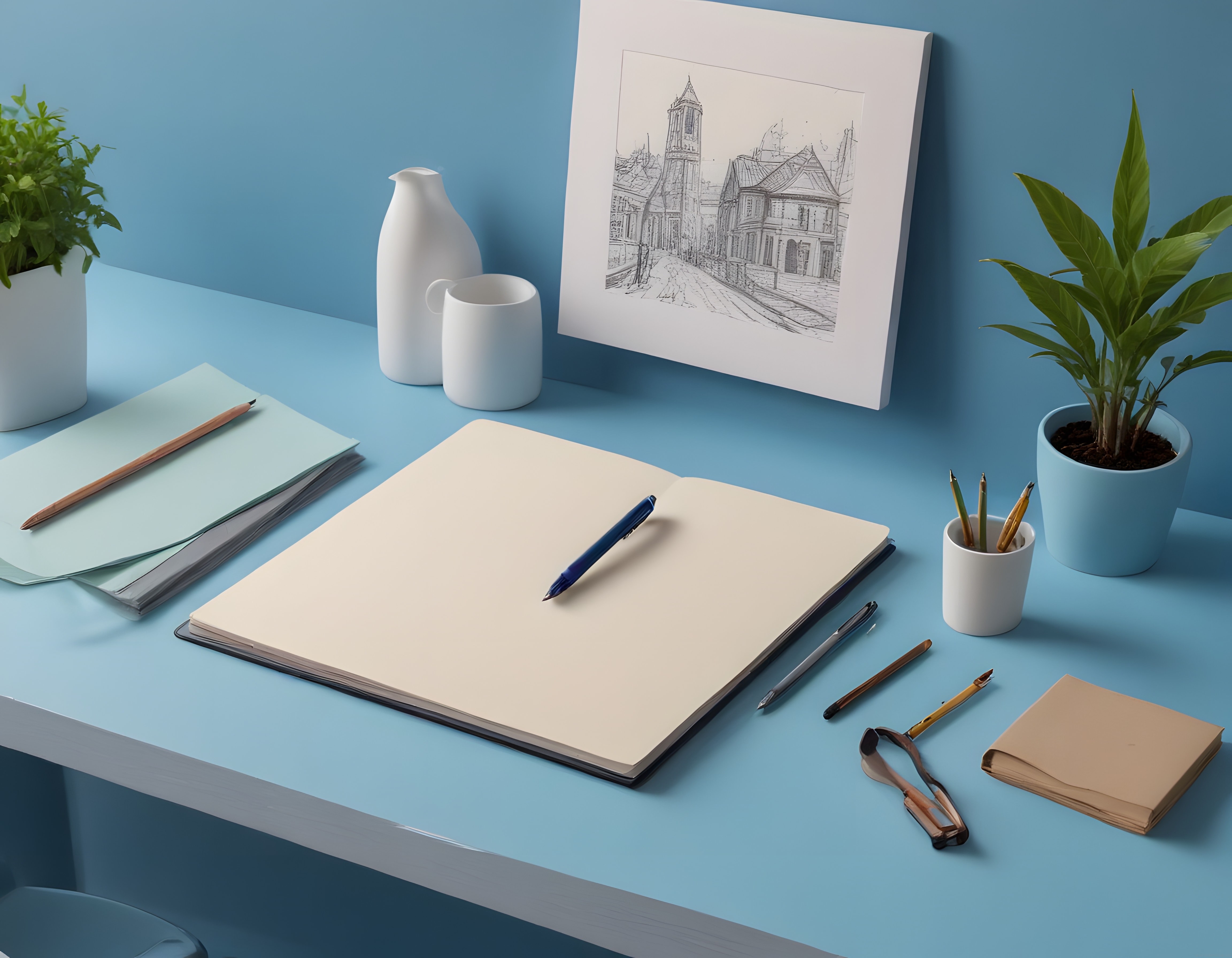 Inspirasyon Dolu Mavi Çalışma Masası: Eskiz Defteri ve Sanat Malzemeleri
