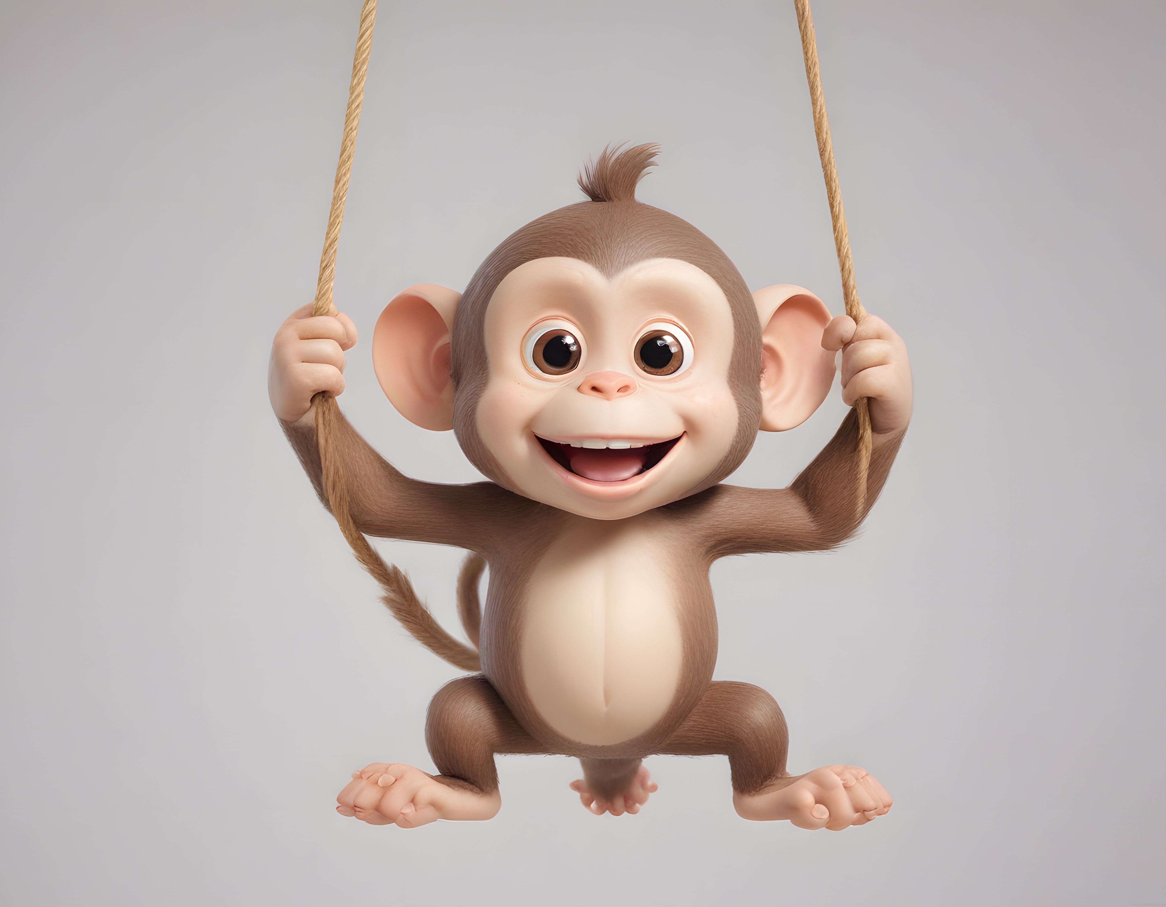 İp Salıncağında Neşeyle Sallanan Sevimli 3D Animasyon Bebek Maymun Karakteri