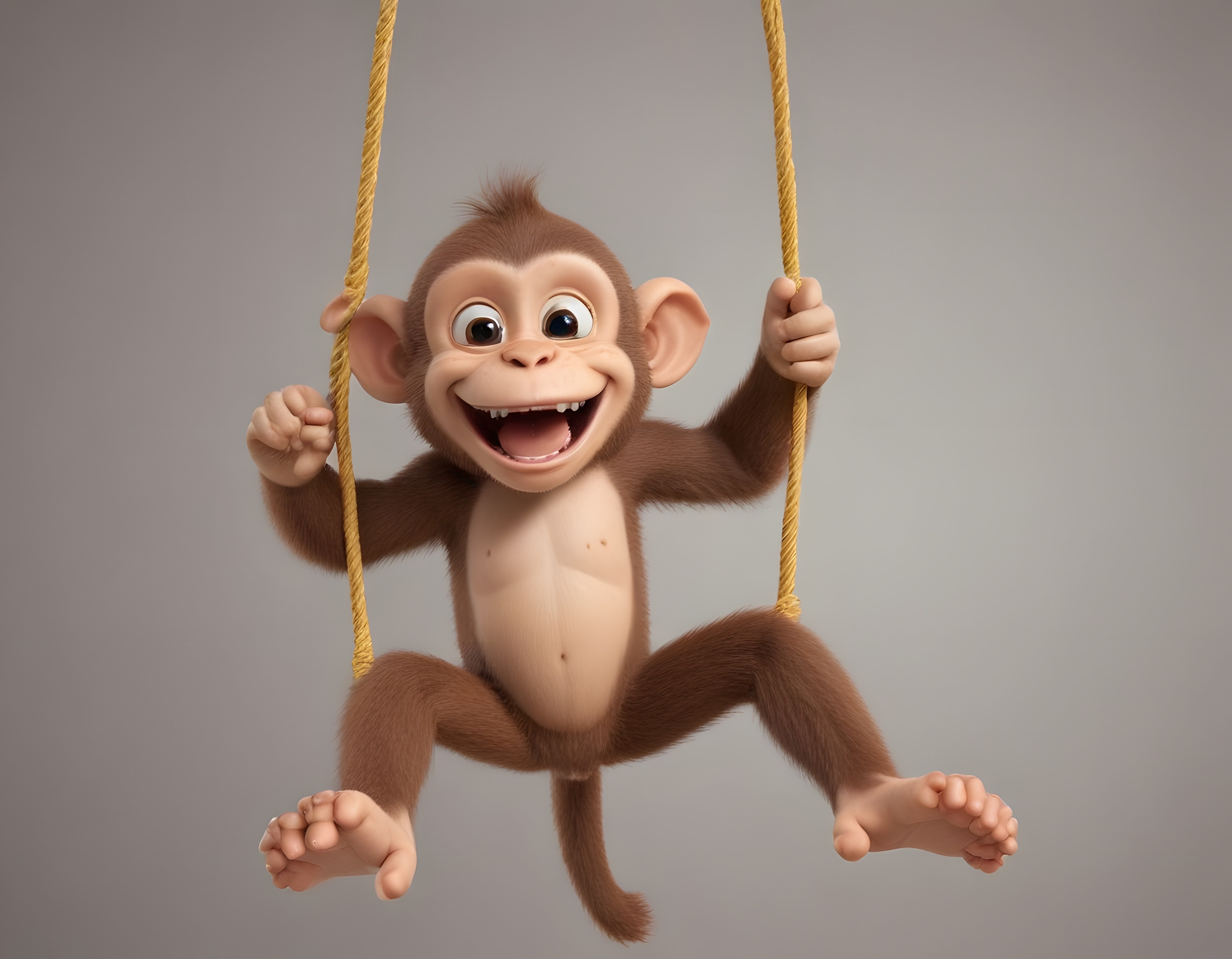 İp sallanan neşeli 3D animasyon maymun karakteri ve komik tasarımlı görsel