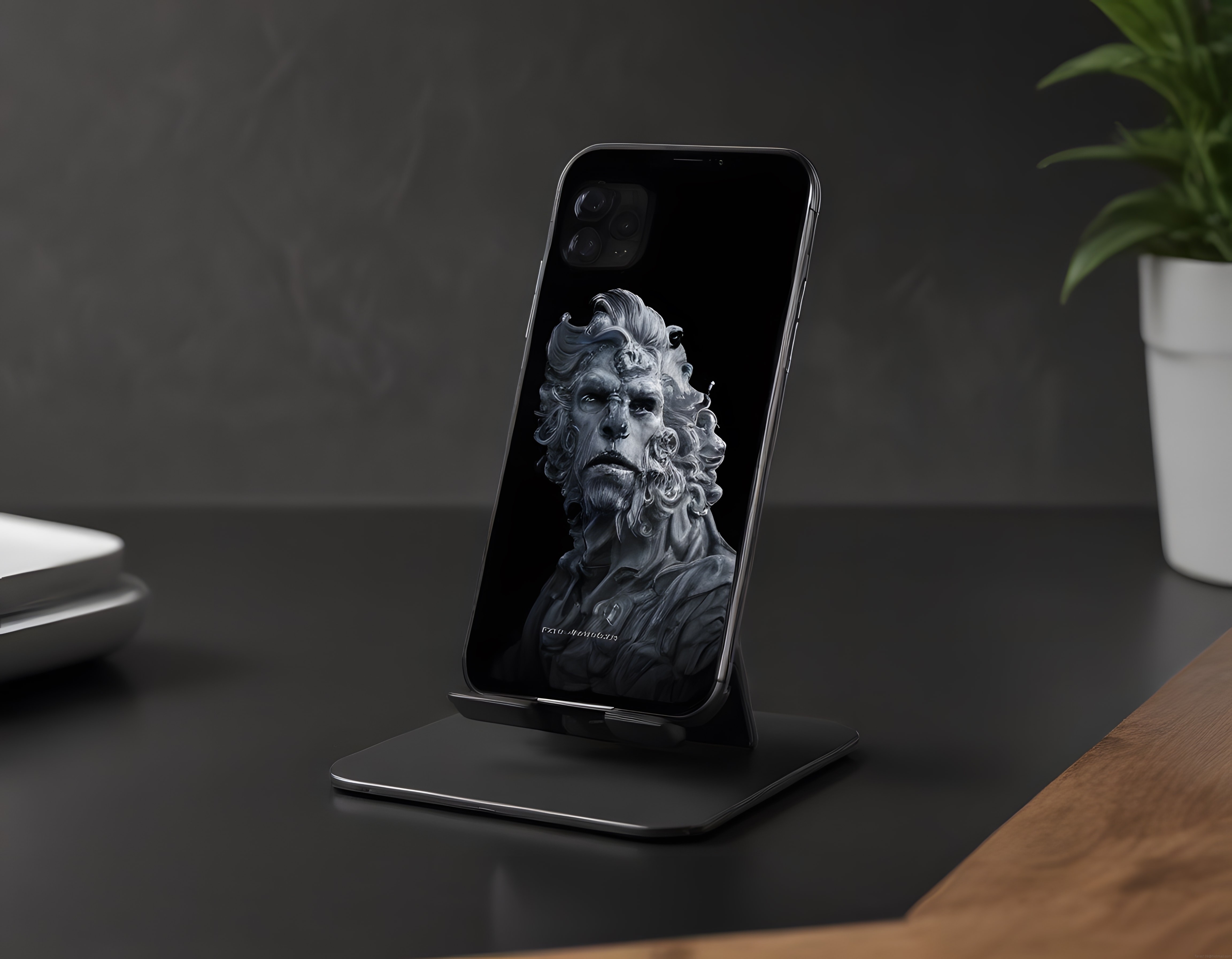 iPhone Standında Ekran Görüntüsü: Gri Tonlu Mitolojik Dijital Portre Sanatı