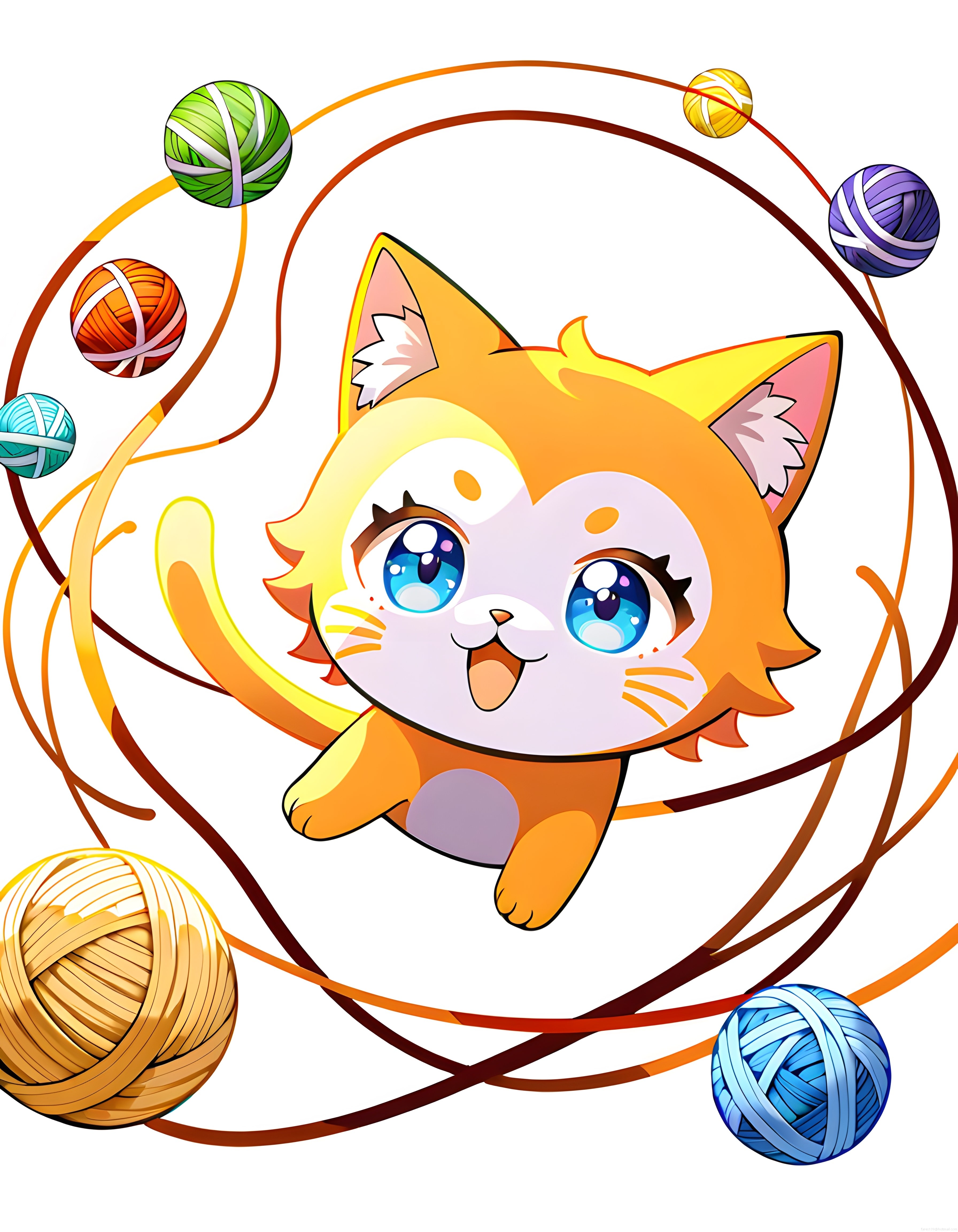 İplerle Oynayan Sevimli Chibi Kedi: Renkli Anime Karakter İllüstrasyonu