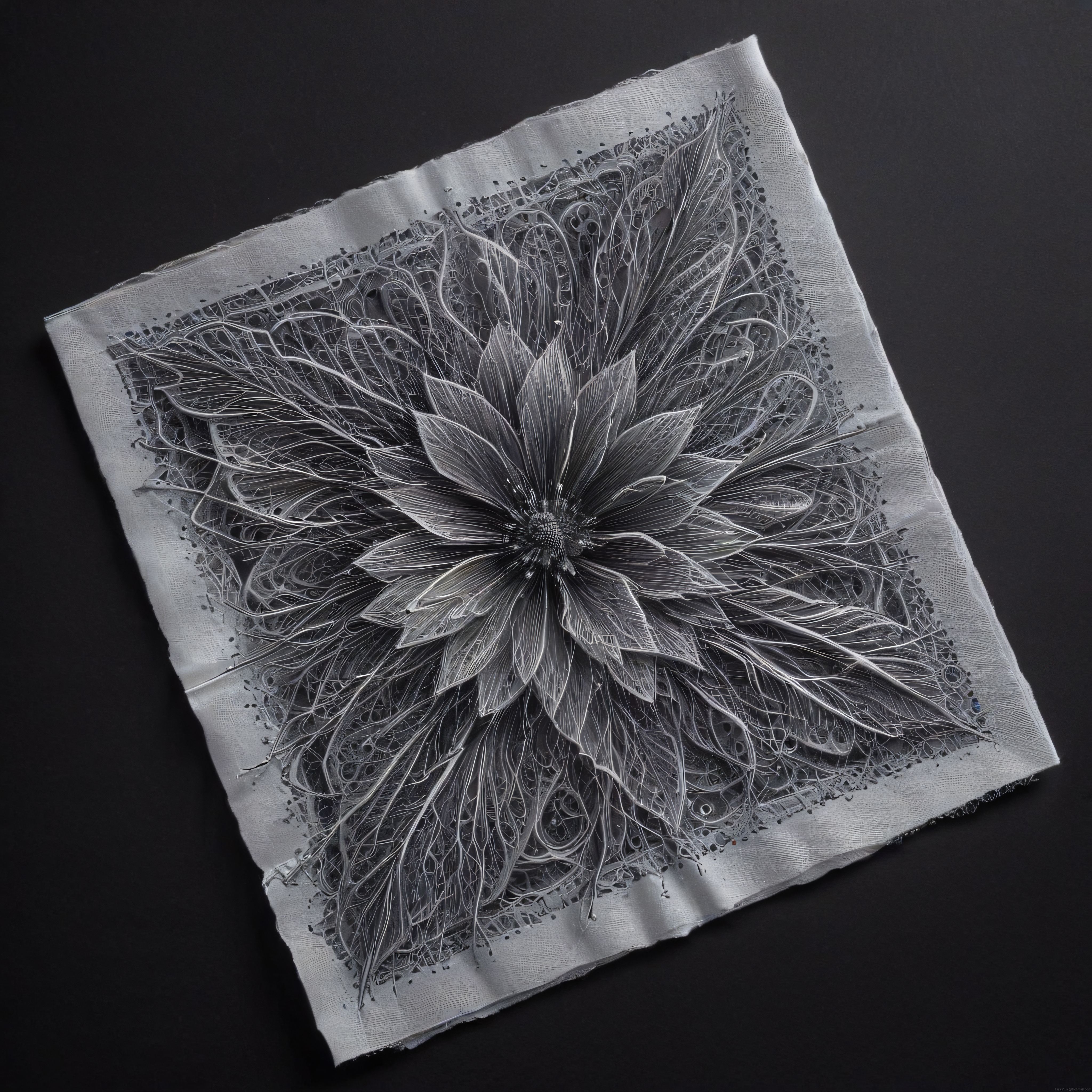 İplik ve Dantel Üzerine İşlenmiş Gümüş Çiçek Desenli Tekstil Sanatı