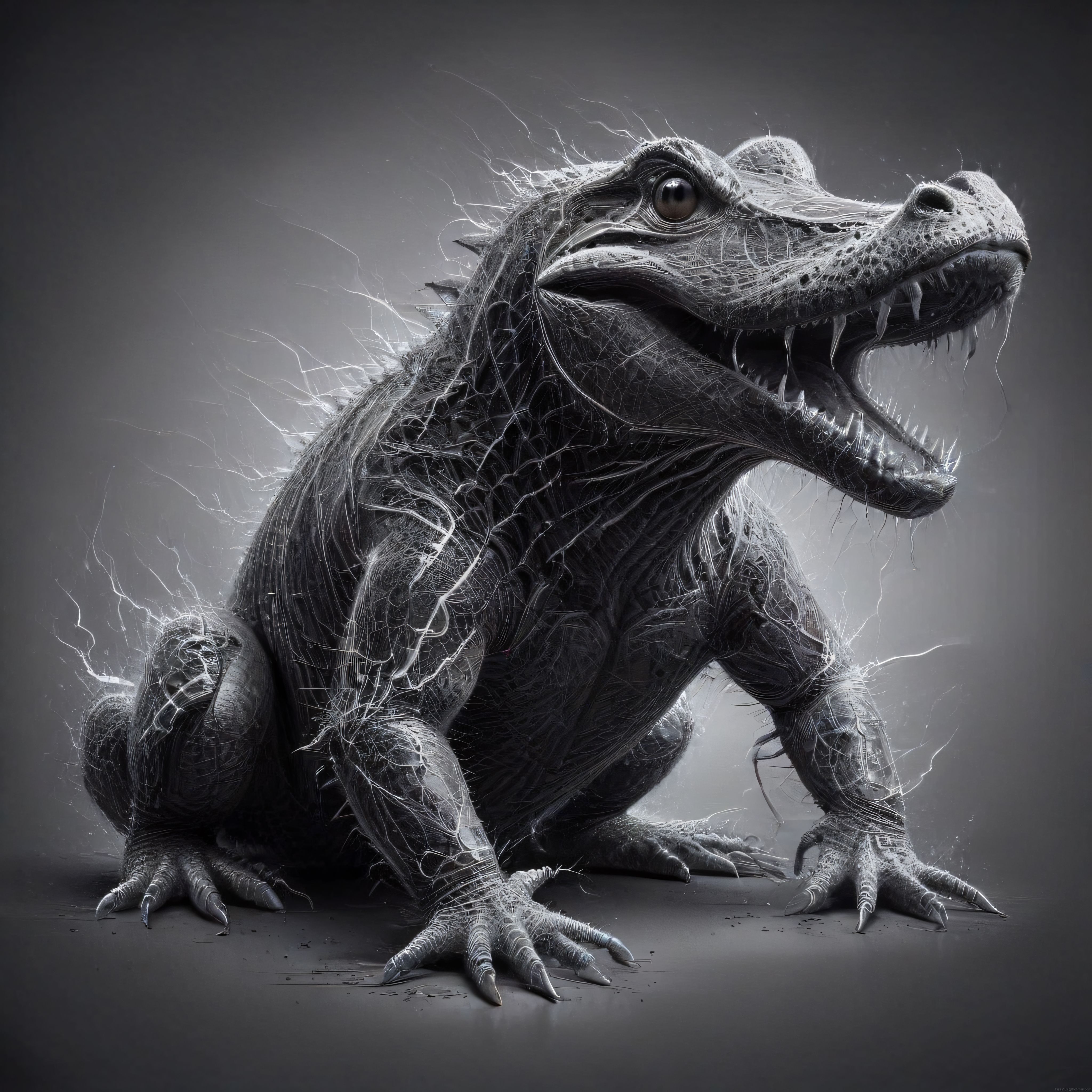 İplik ve Sinir Ağından Dokunan Gotik Dinozor Canavar Dijital Sanat Eseri