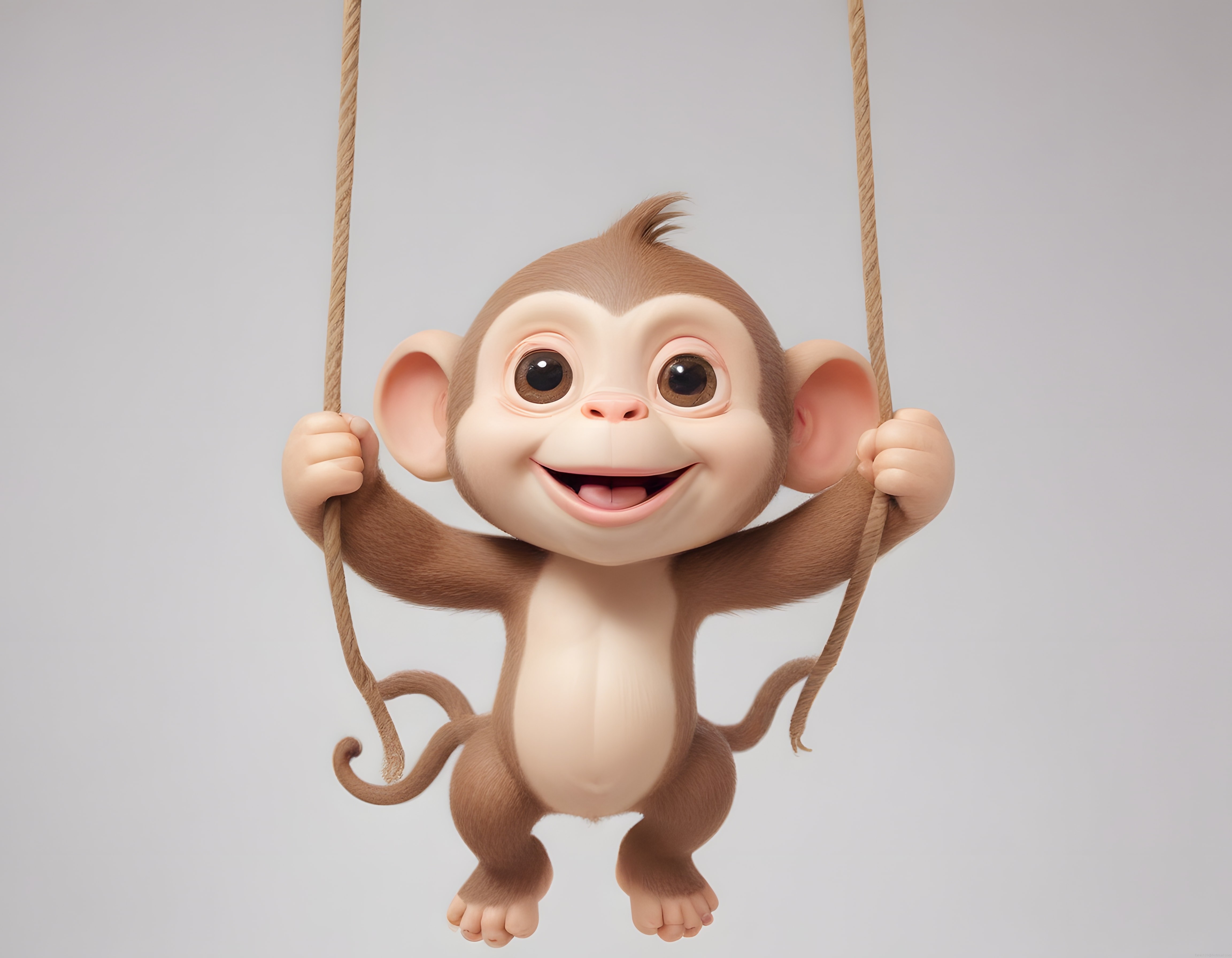 İpte neşeyle sallanan sevimli 3D animasyon maymunu ve çocuk odası dekoru