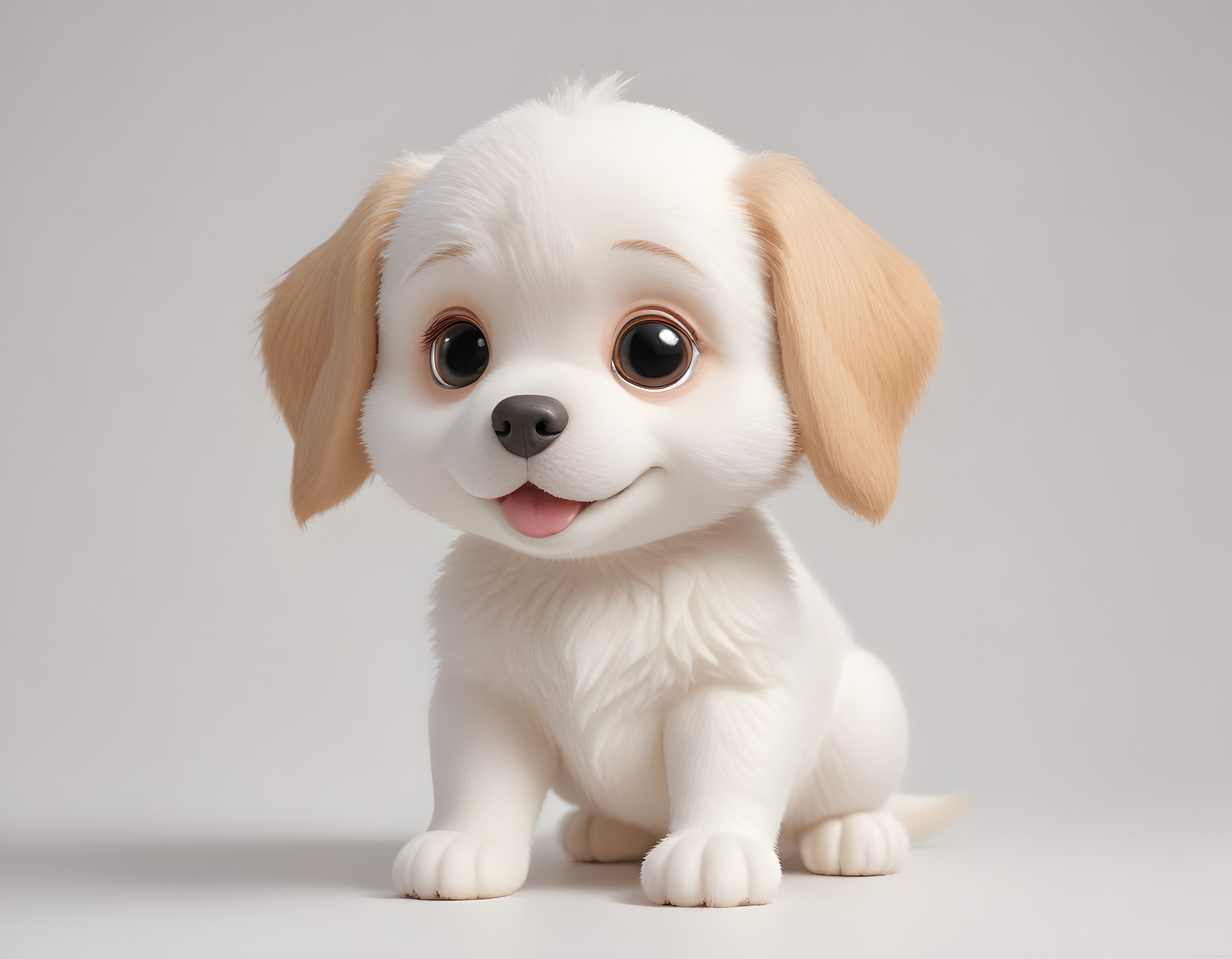 iri gözlü bej kulaklı sevimli beyaz köpek yavrusu üç boyutlu karakter çalışması