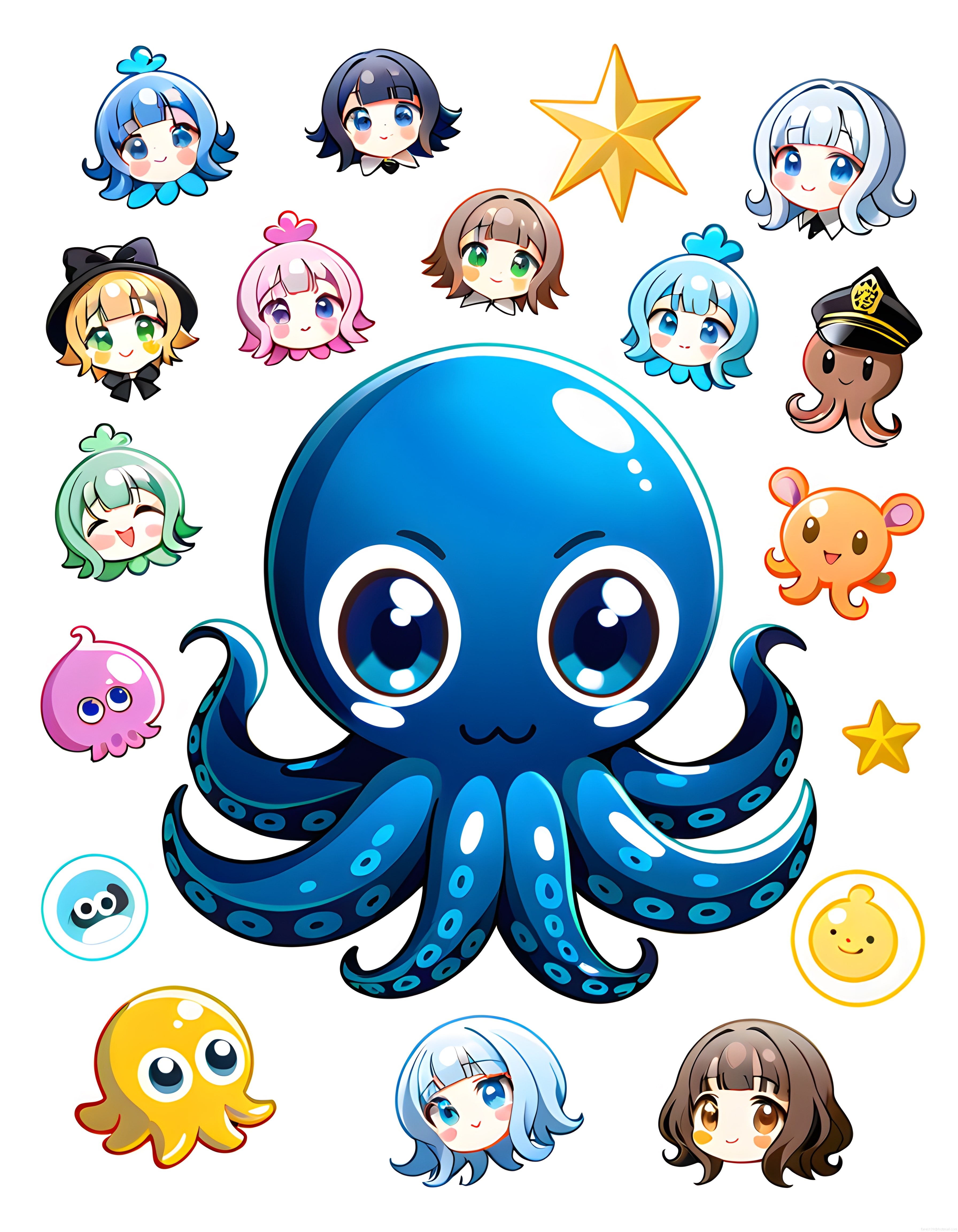 iri gözlü mavi ahtapot ve anime chibi karakterlerin olduğu sevimli çıkartma seti
