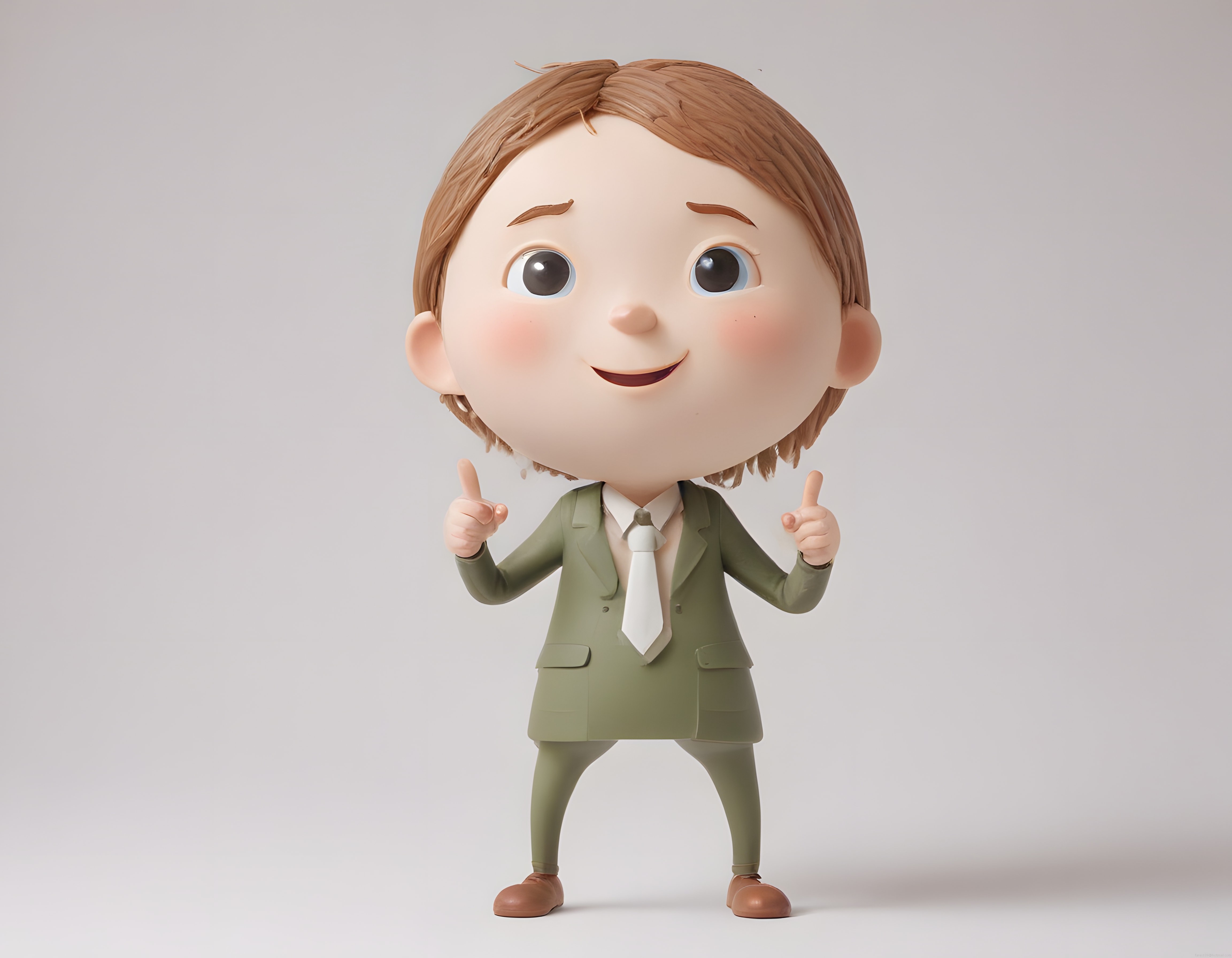 İş Kadını Tarzında Gülümseyen 3D Animasyon Figürü Neşeyle Yukarı İşaret Ediyor