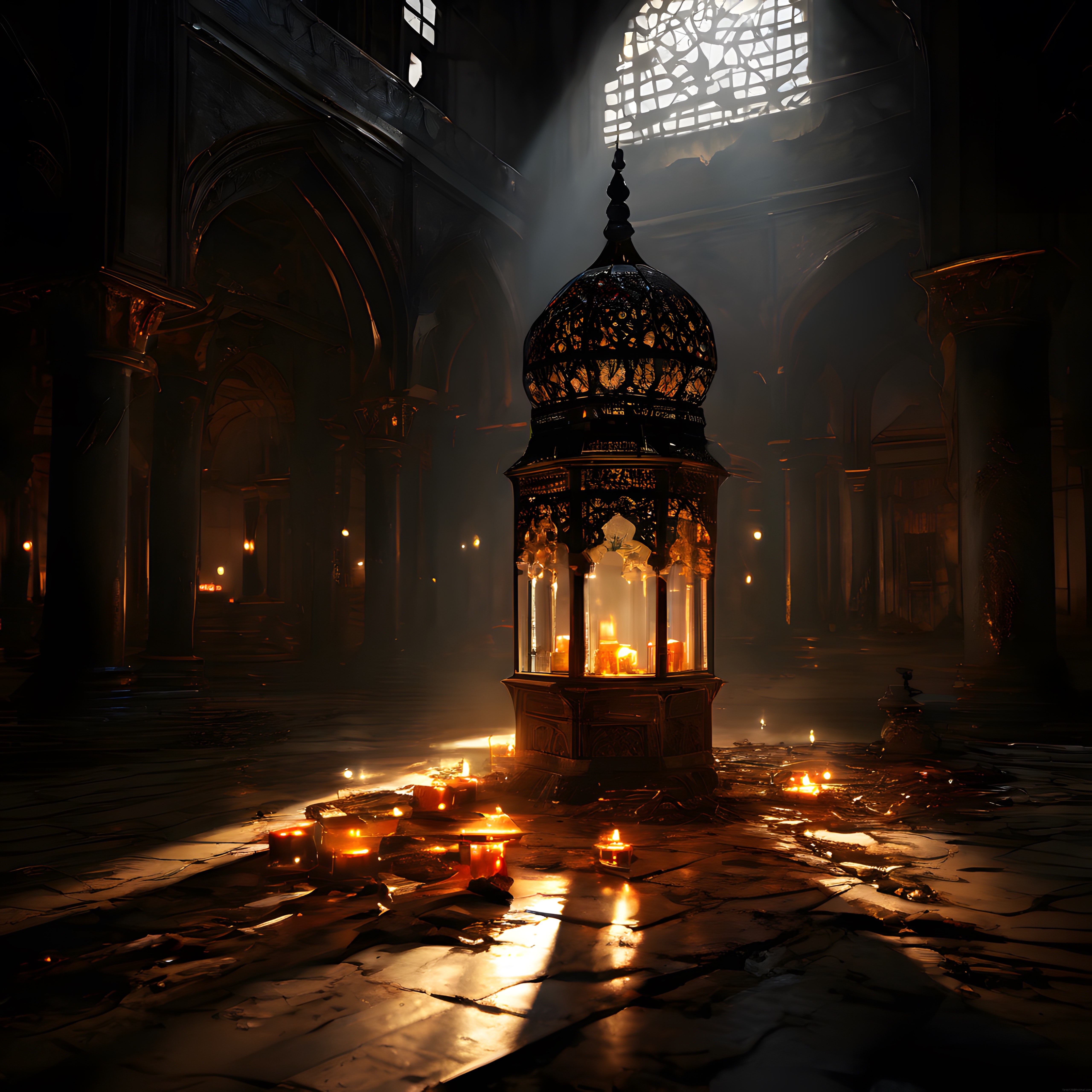 Işığın dans ettiği gotik katedral içinde mumlarla çevrili gizemli bir fener