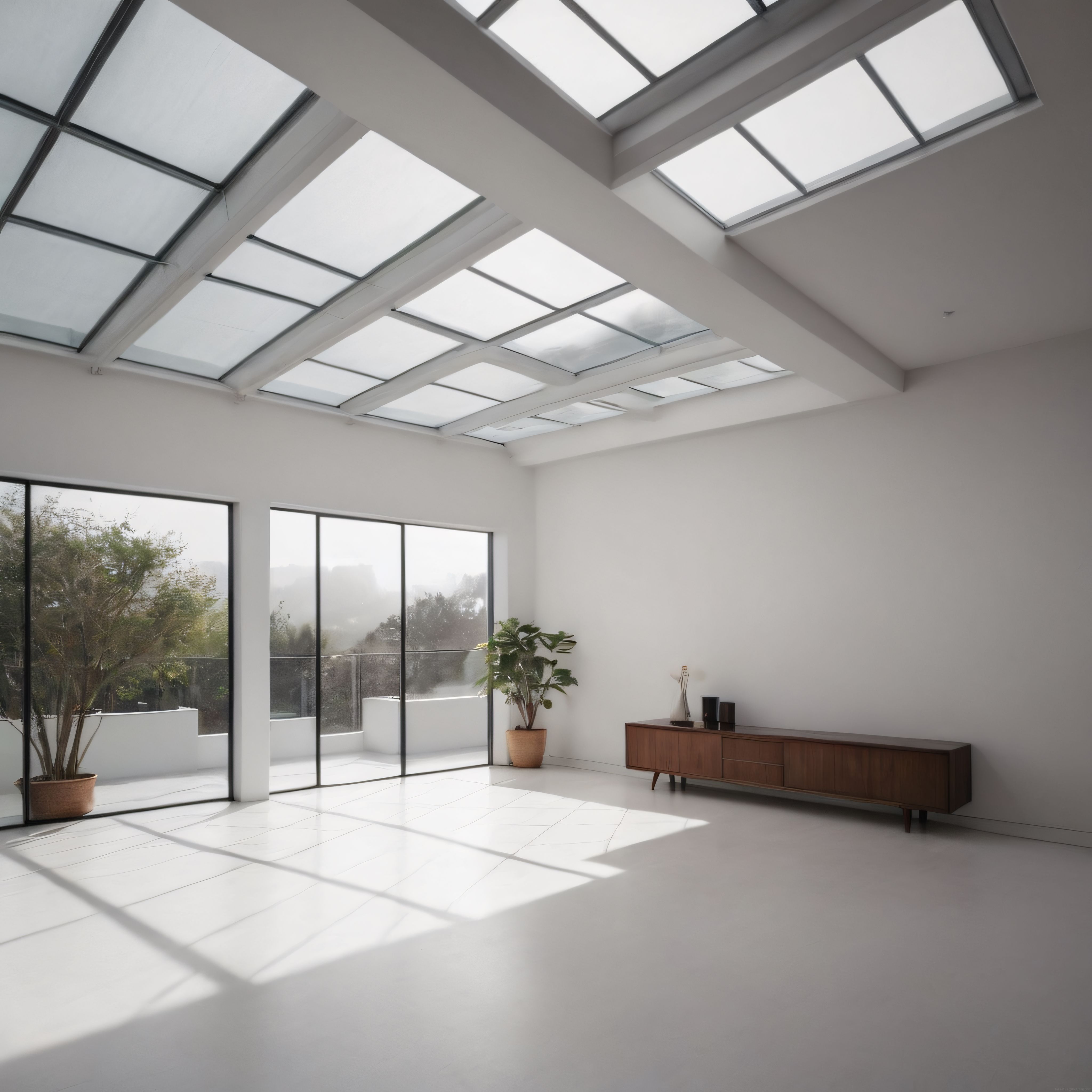 Işığın mimarisi: Cam çatılı ve bahçe manzaralı çağdaş minimalist salon