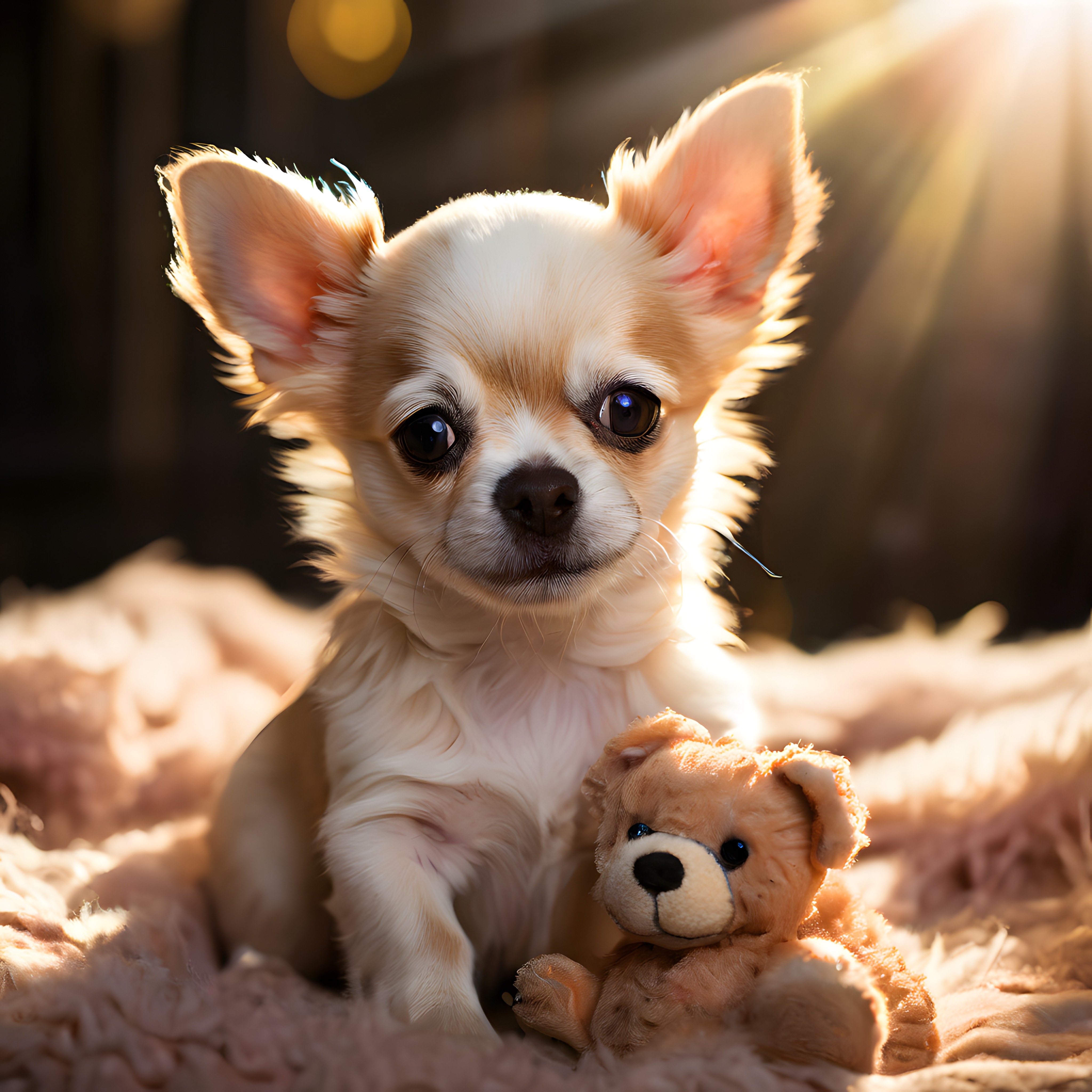 Işığın Vurduğu Yumuşak Tüylü Chihuahua Yavrusu ve Oyuncak Ayıcık