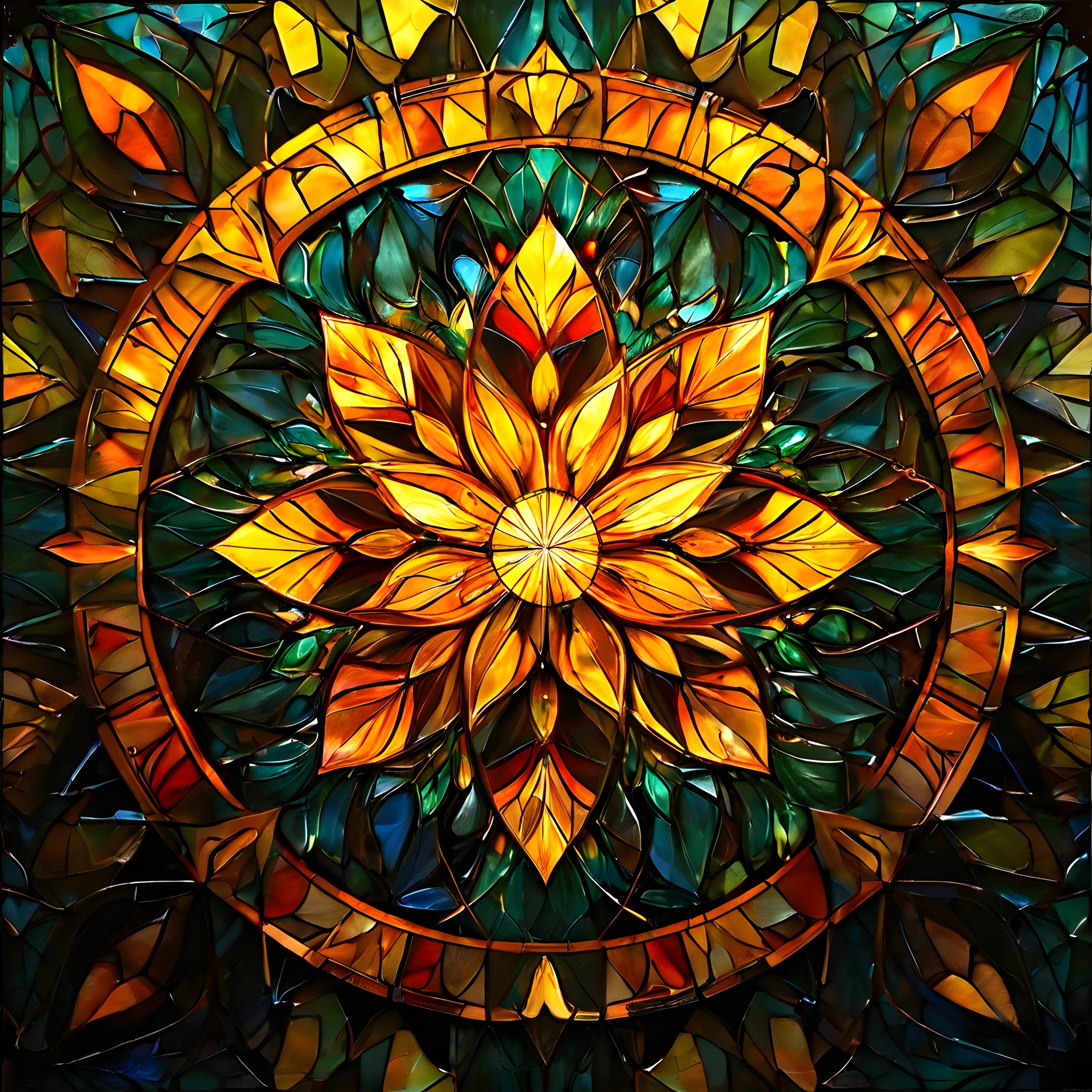 Işığın Vurguladığı Vitray Lotus ve Simetrik Cam Mozaik Deseni