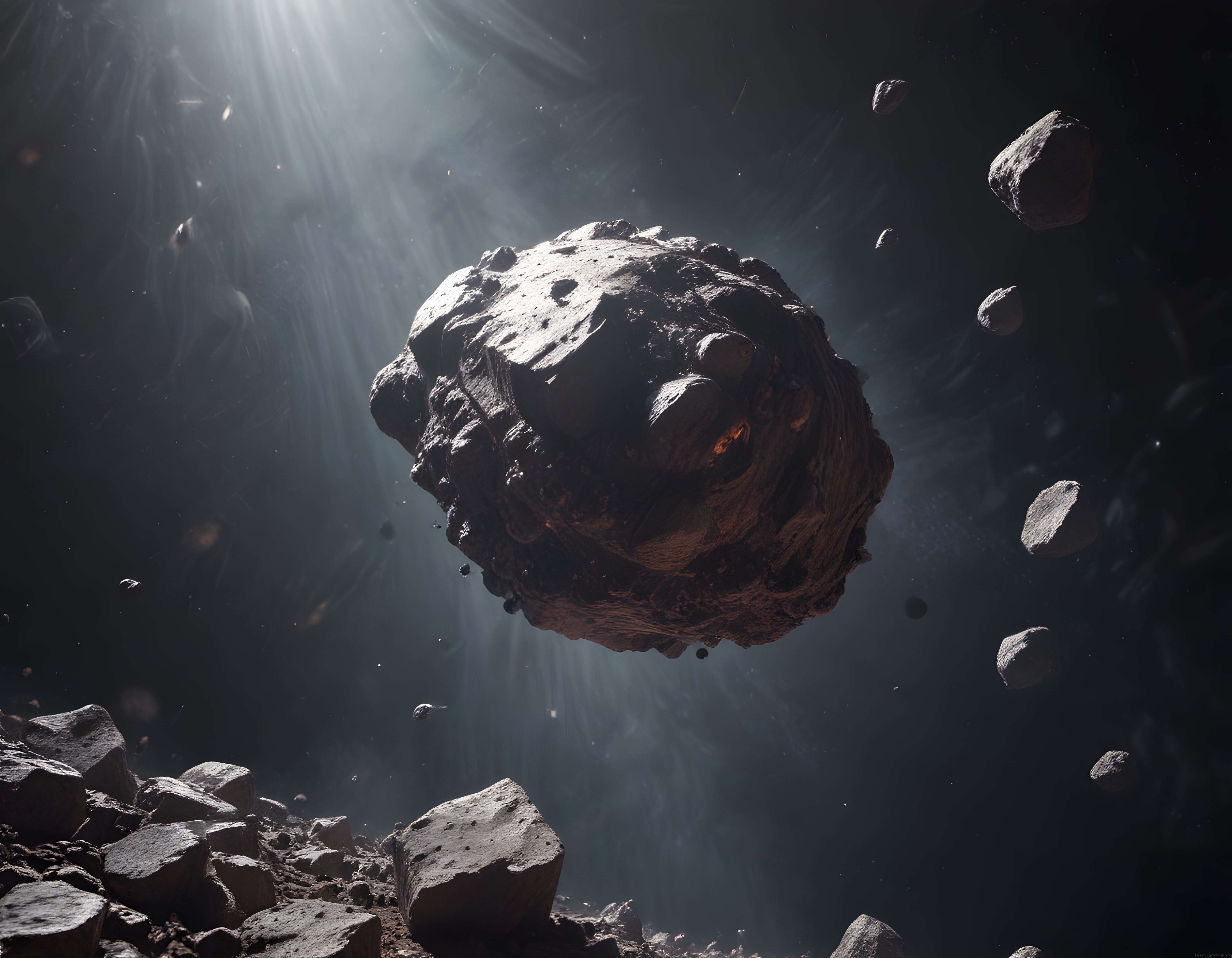 ışık huzmeleri altındaki dev asteroid ve etrafındaki uzay kayaları