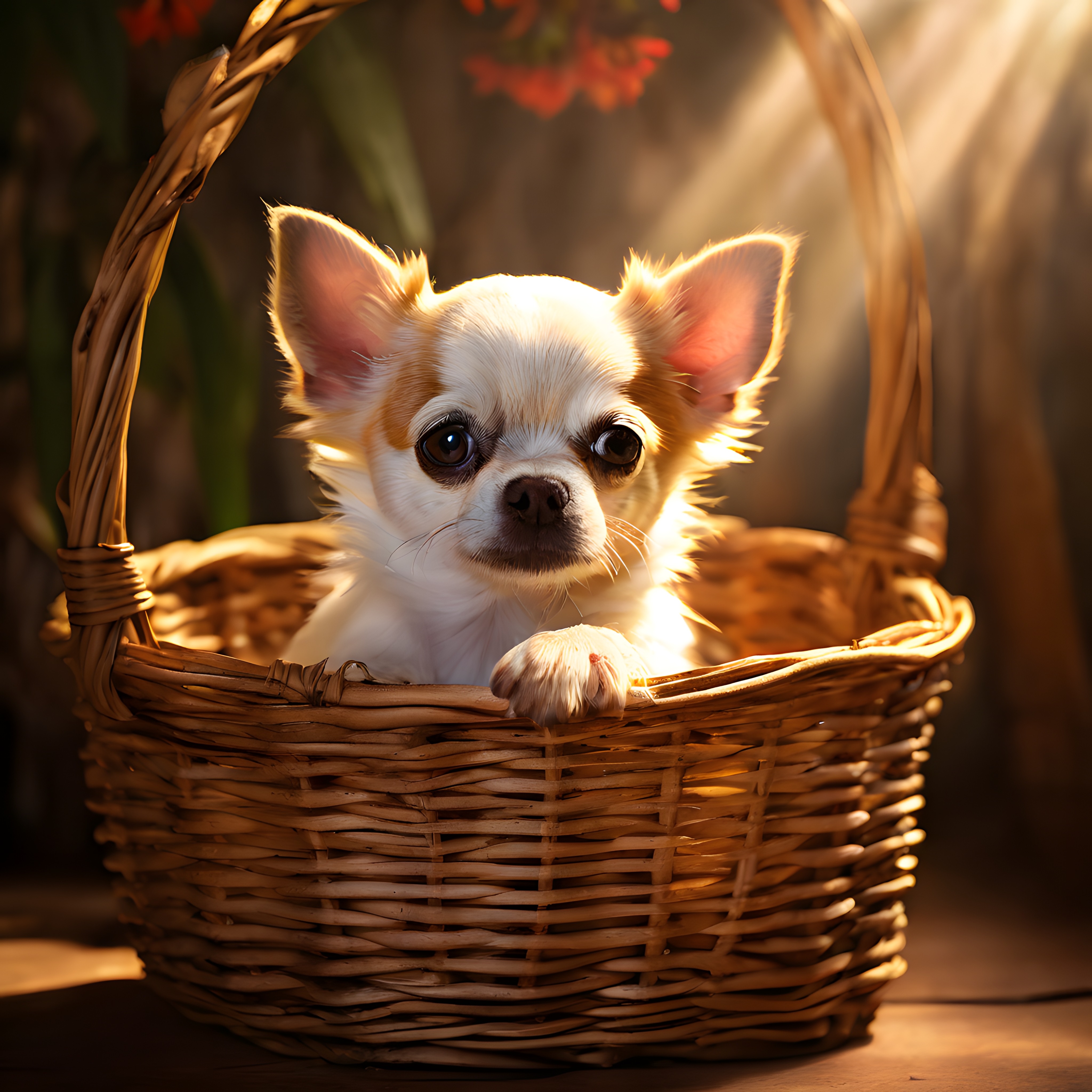 Işık Huzmeleri Arasında Hasır Sepette Oturan Sevimli Chihuahua Köpek Yavrusu