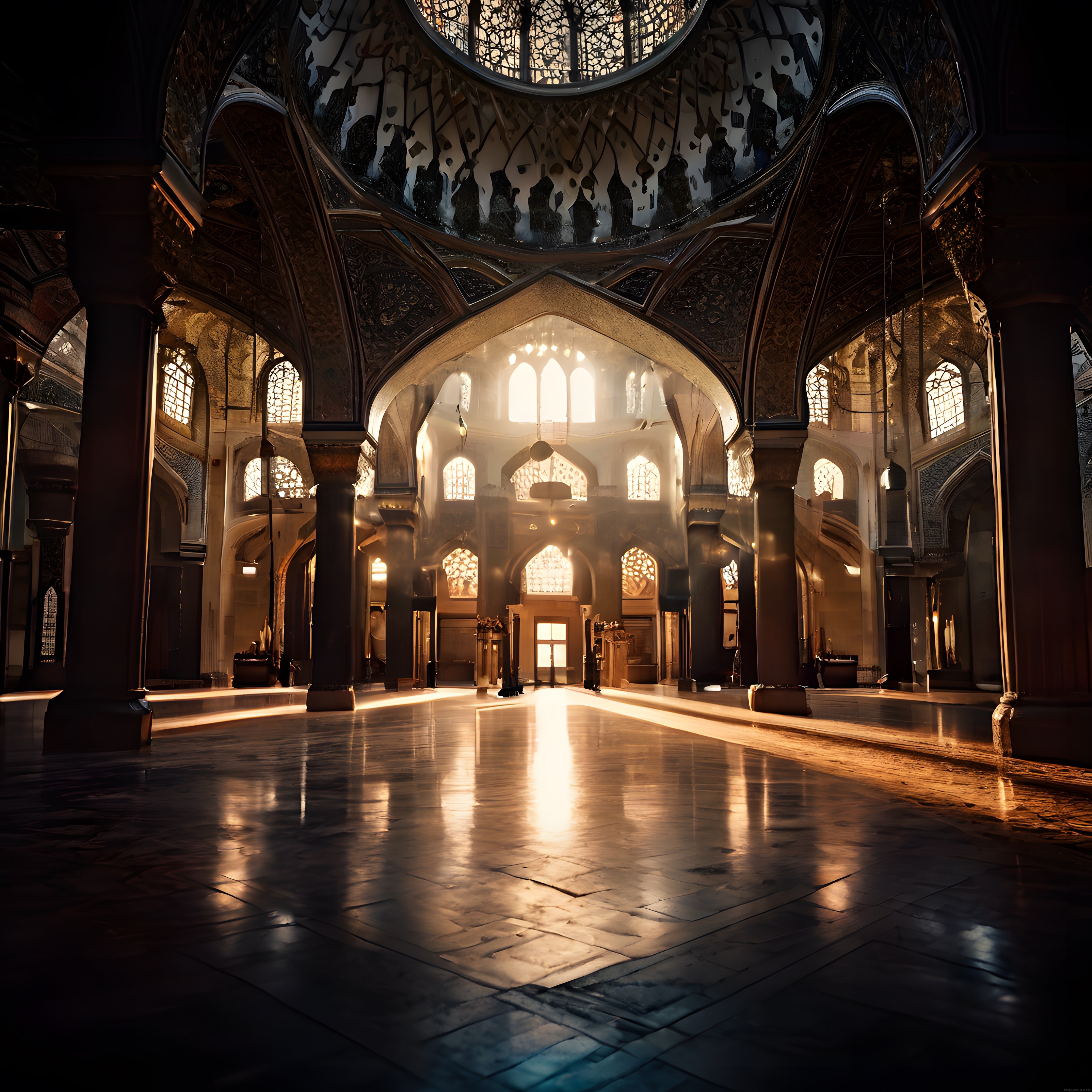 Işık Huzmeleriyle Birleşen Tarihi Cami İçi ve Gizemli Kubbe Atmosferi
