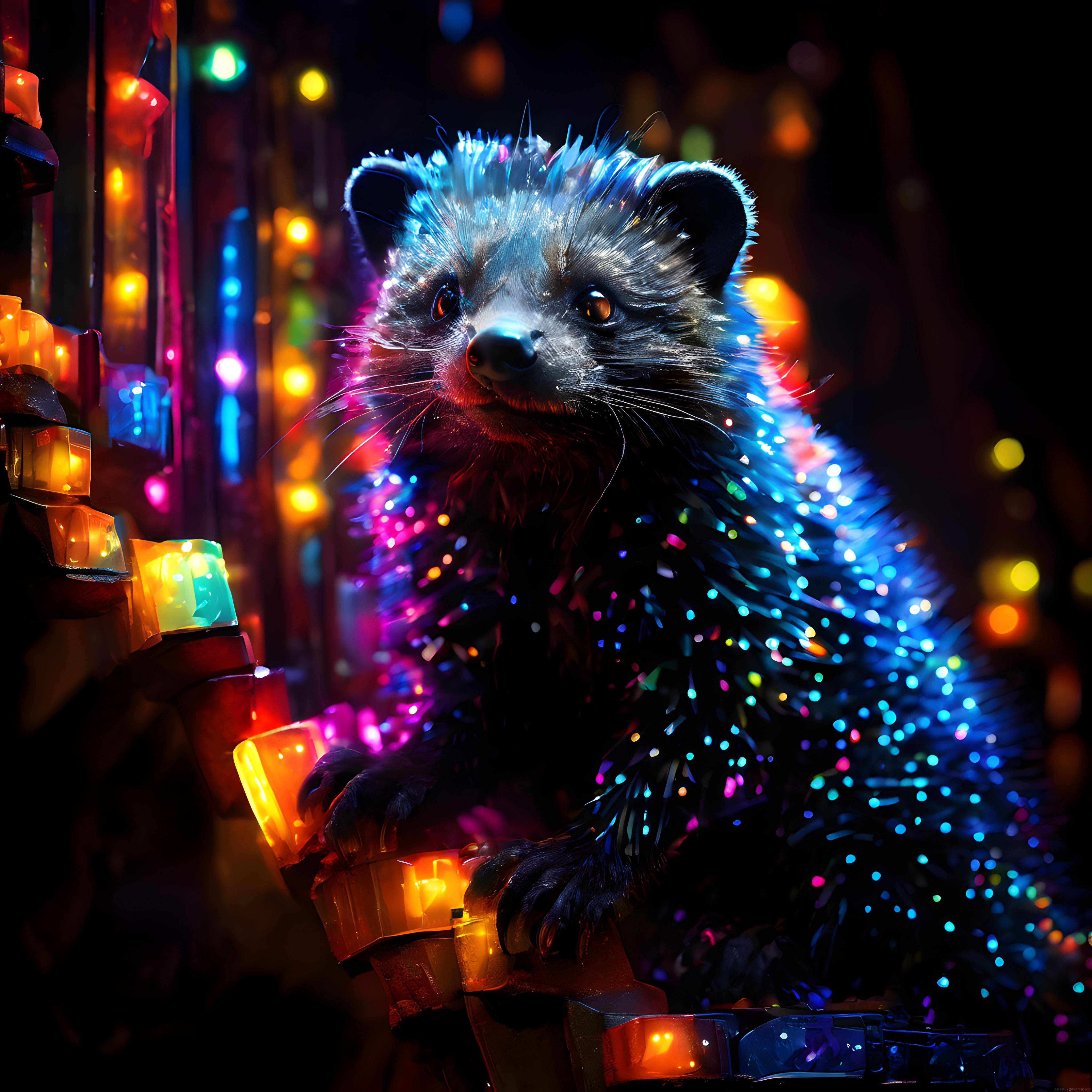 Işık Saçan Tüyleriyle Büyüleyici Neon Rakun Dijital Sanat Çalışması