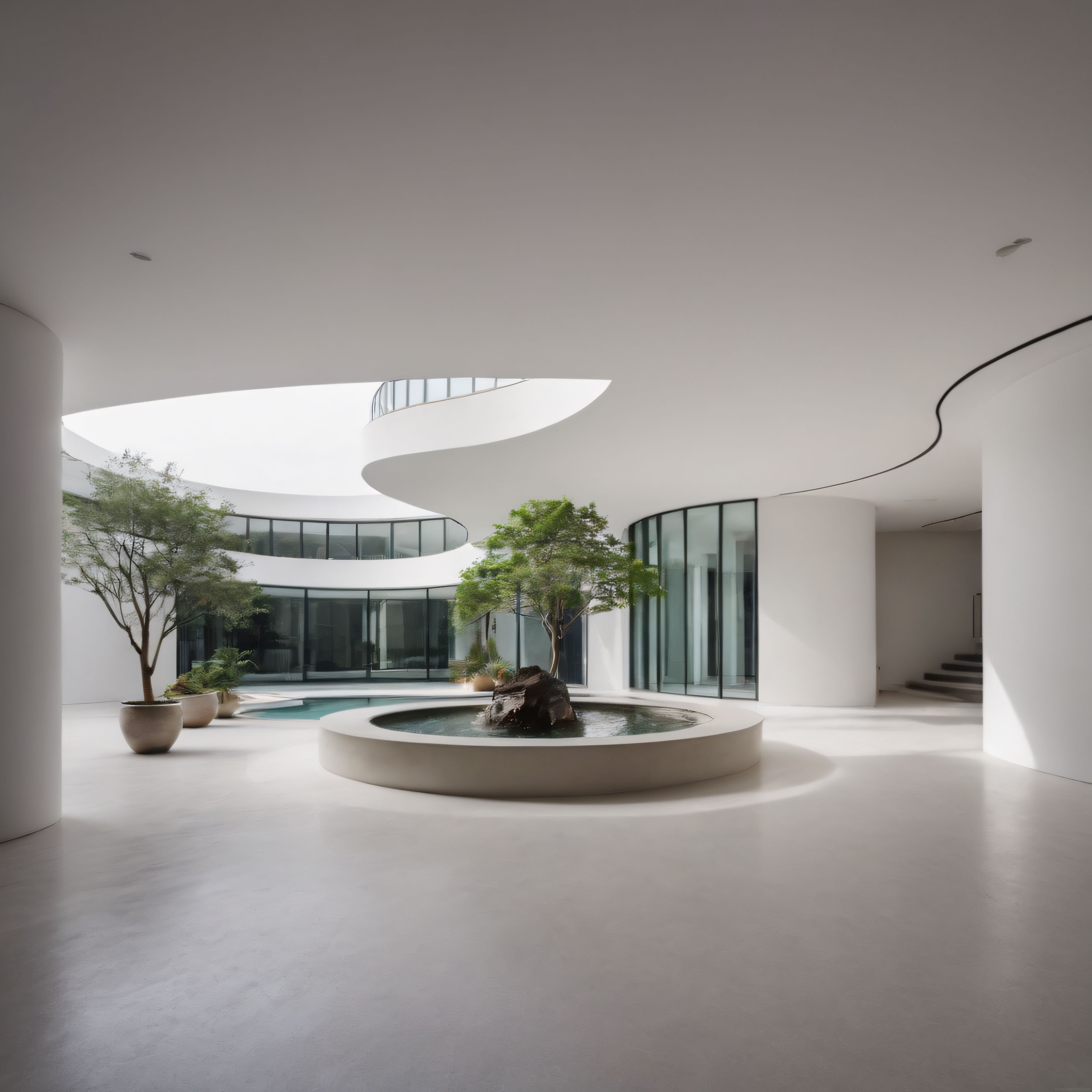Işık ve Doğa ile Buluşan Spiral Formlu Minimalist Mimari İç Mekan