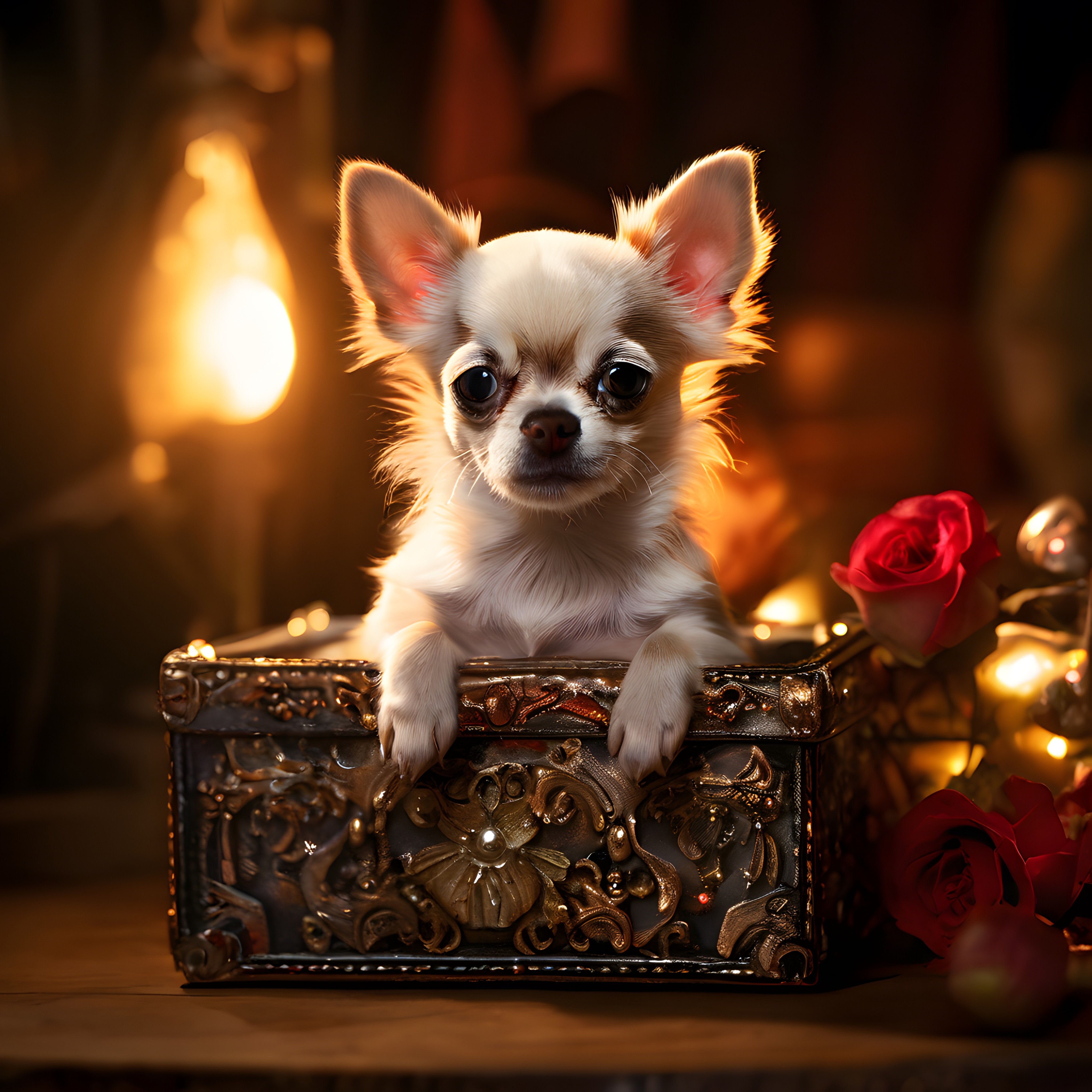 ışıklı antik sandığın içinde oturan sevimli chihuahua köpeği portresi