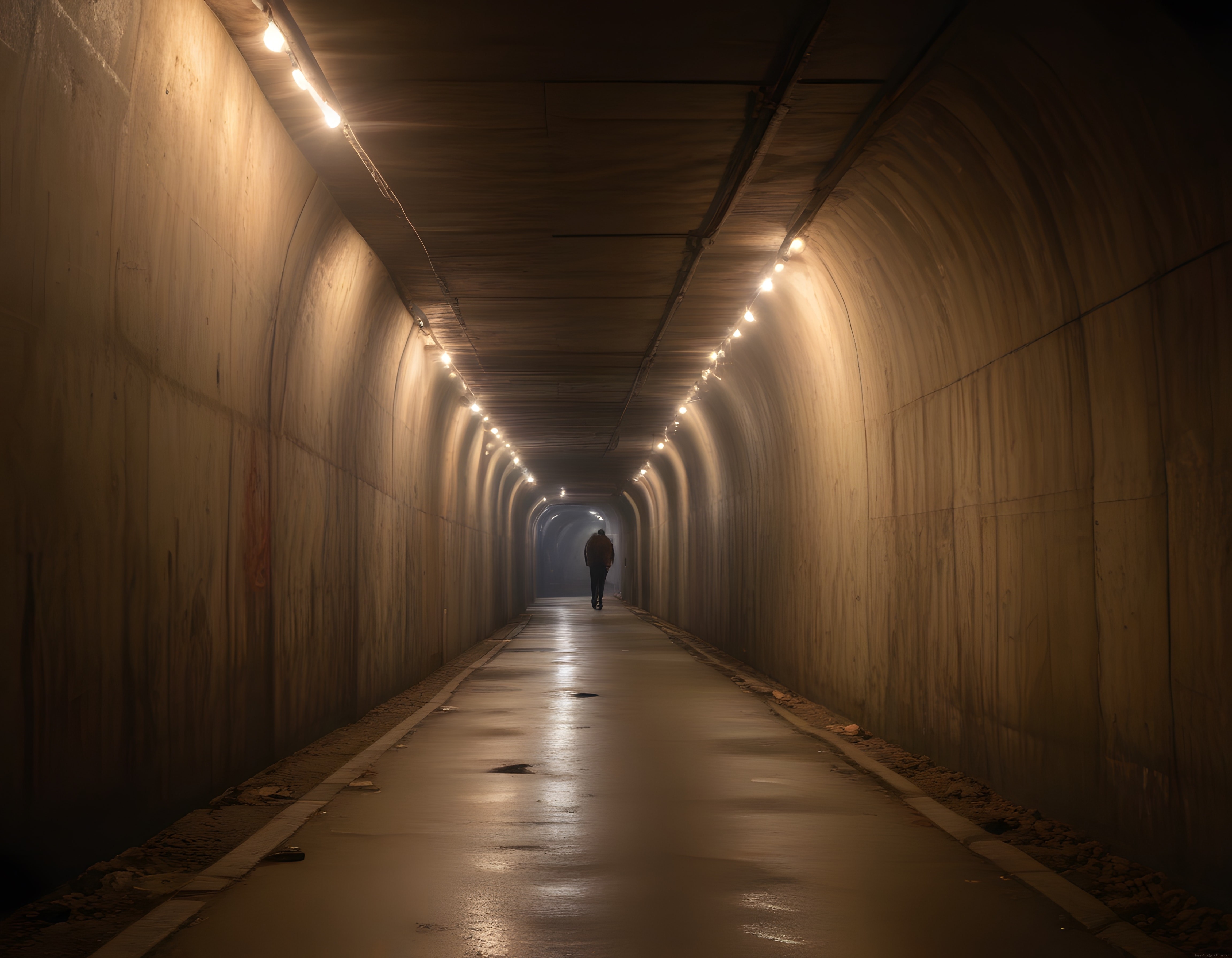 Işıklı Beton Tünelde Yalnız Yürüyüş: Gizemli ve Sinematik Atmosfer