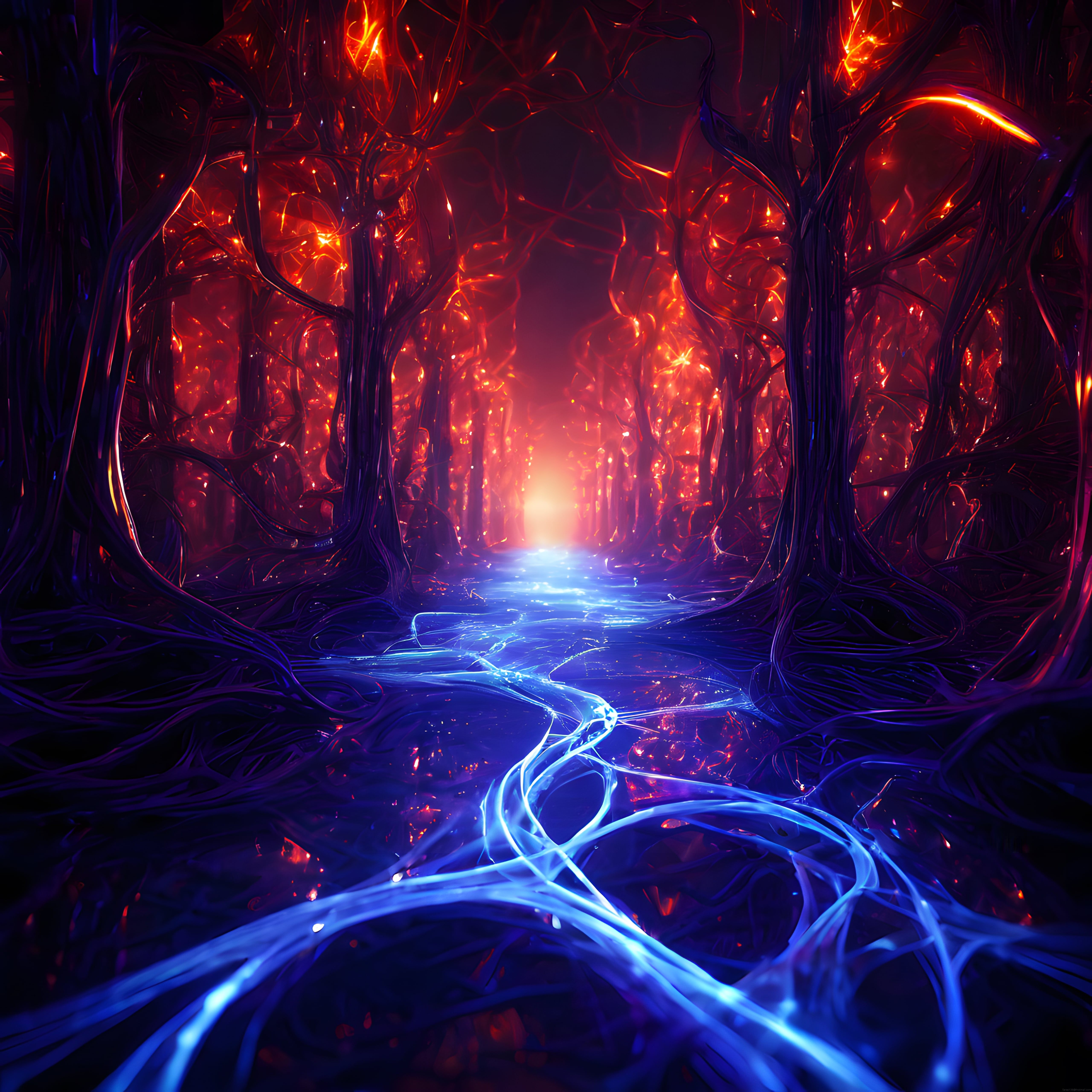 Işıklı Biyo Organik Koridor ve Neon Mavi Yolların Fantastik Dijital Ormanı Işıklı Biyo Organik Koridor ve Neon Mavi Yolların Fantastik Dijital Ormanı