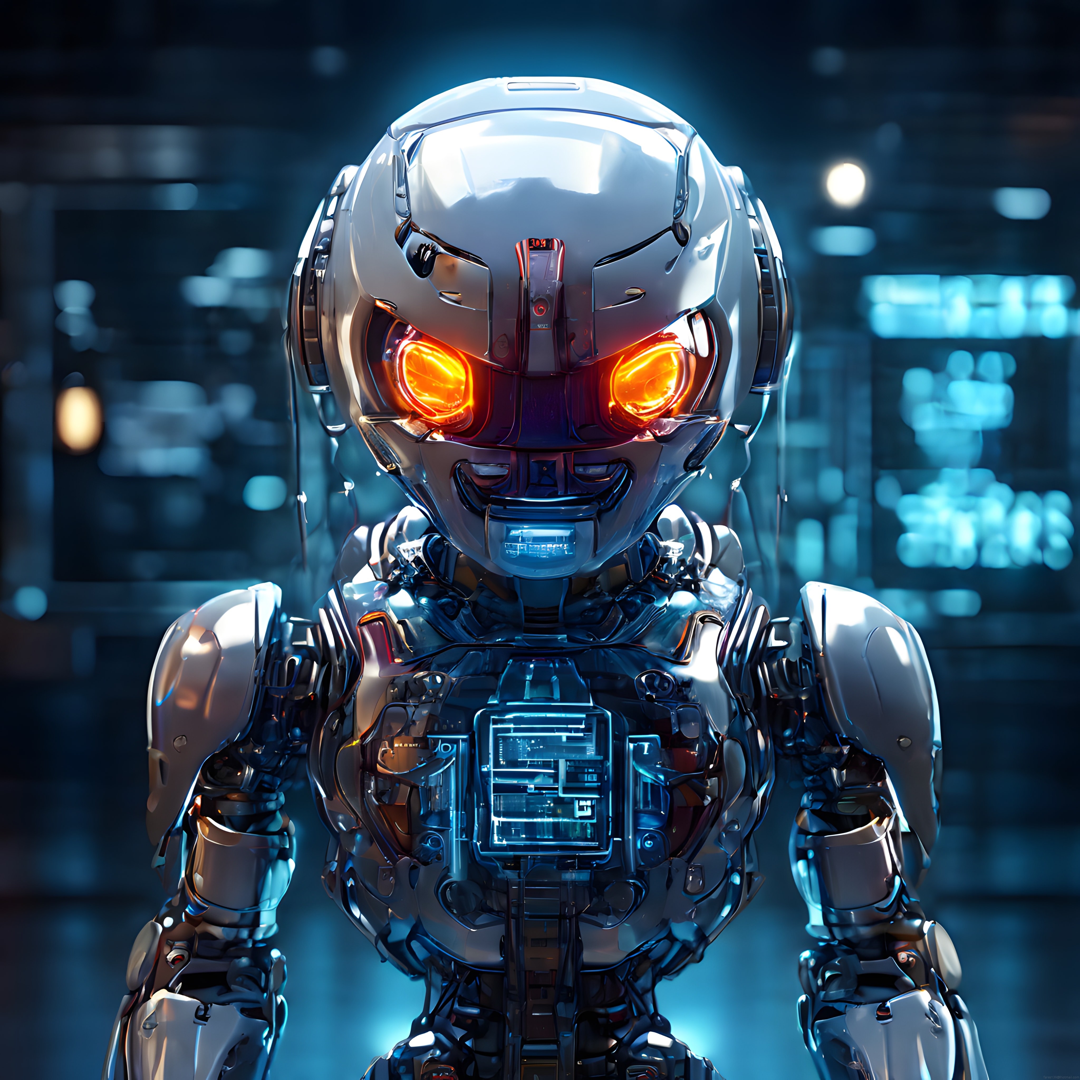 ışıklı laboratuvarda duran turuncu gözlü gümüş robot ve teknoloji unsurları