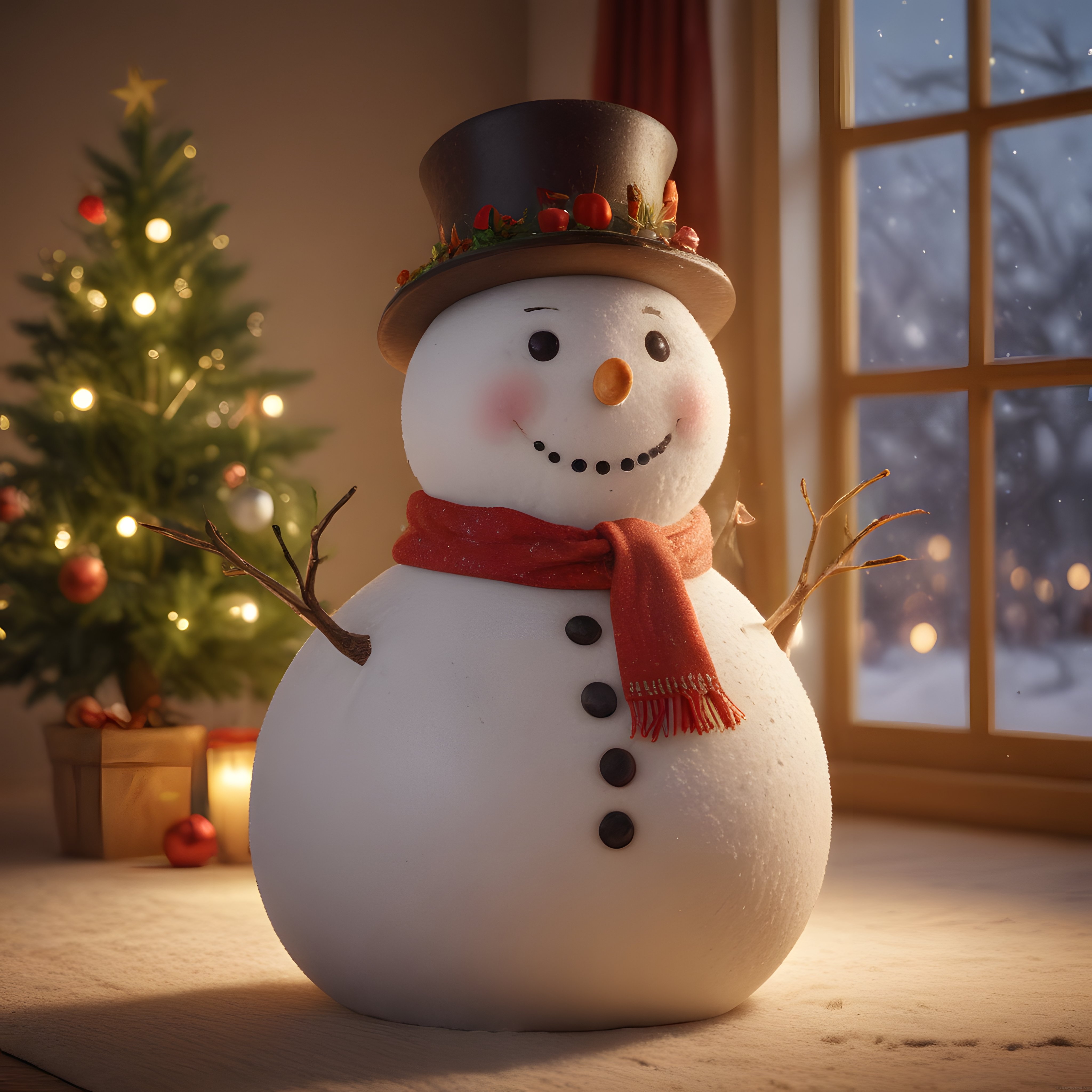ışıklı noel ağacı ve şapkalı kardan adam ile sıcacık yılbaşı ev atmosferi