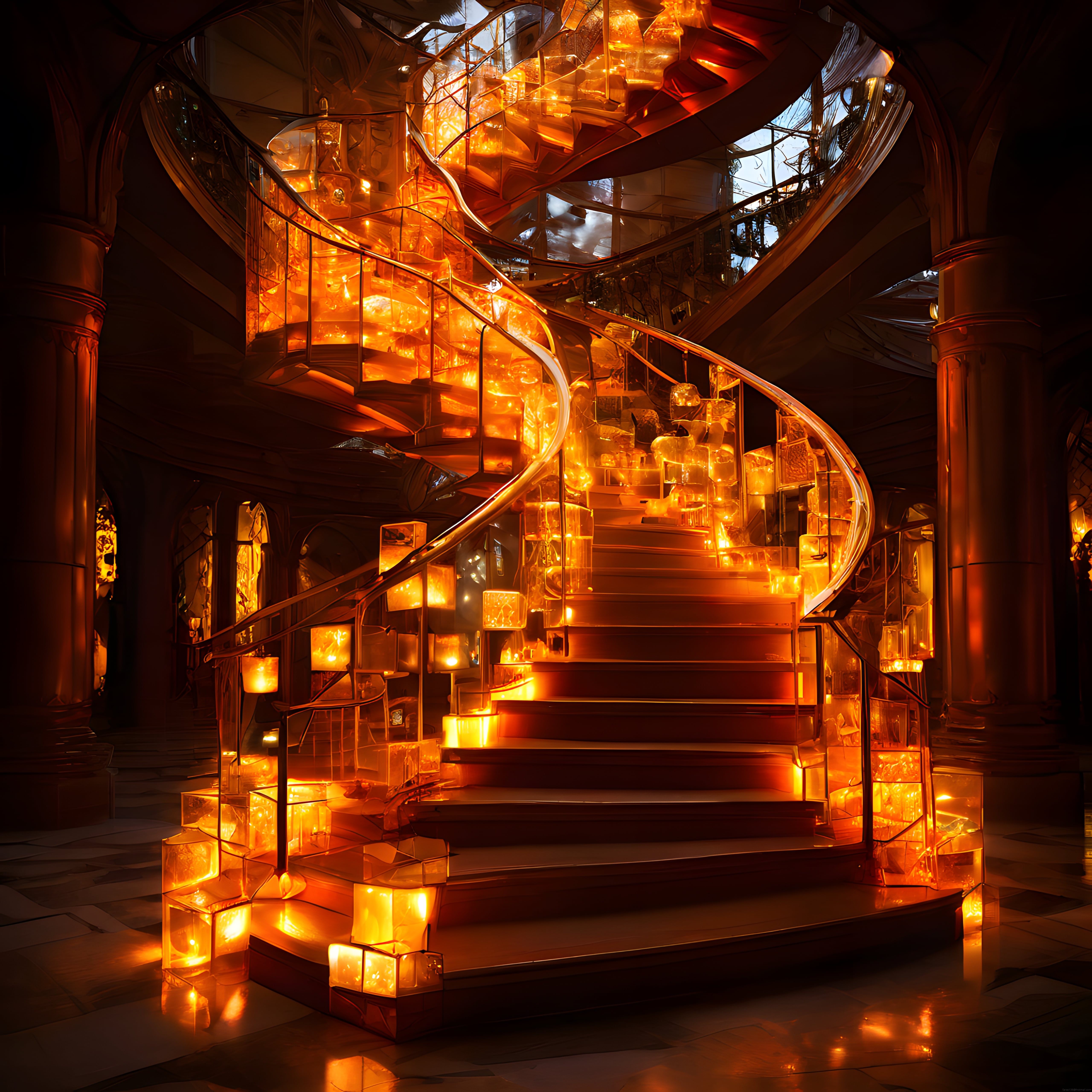 Işıklı spiral merdiven ve gotik mimarinin amber tonlarında büyüleyici buluşması