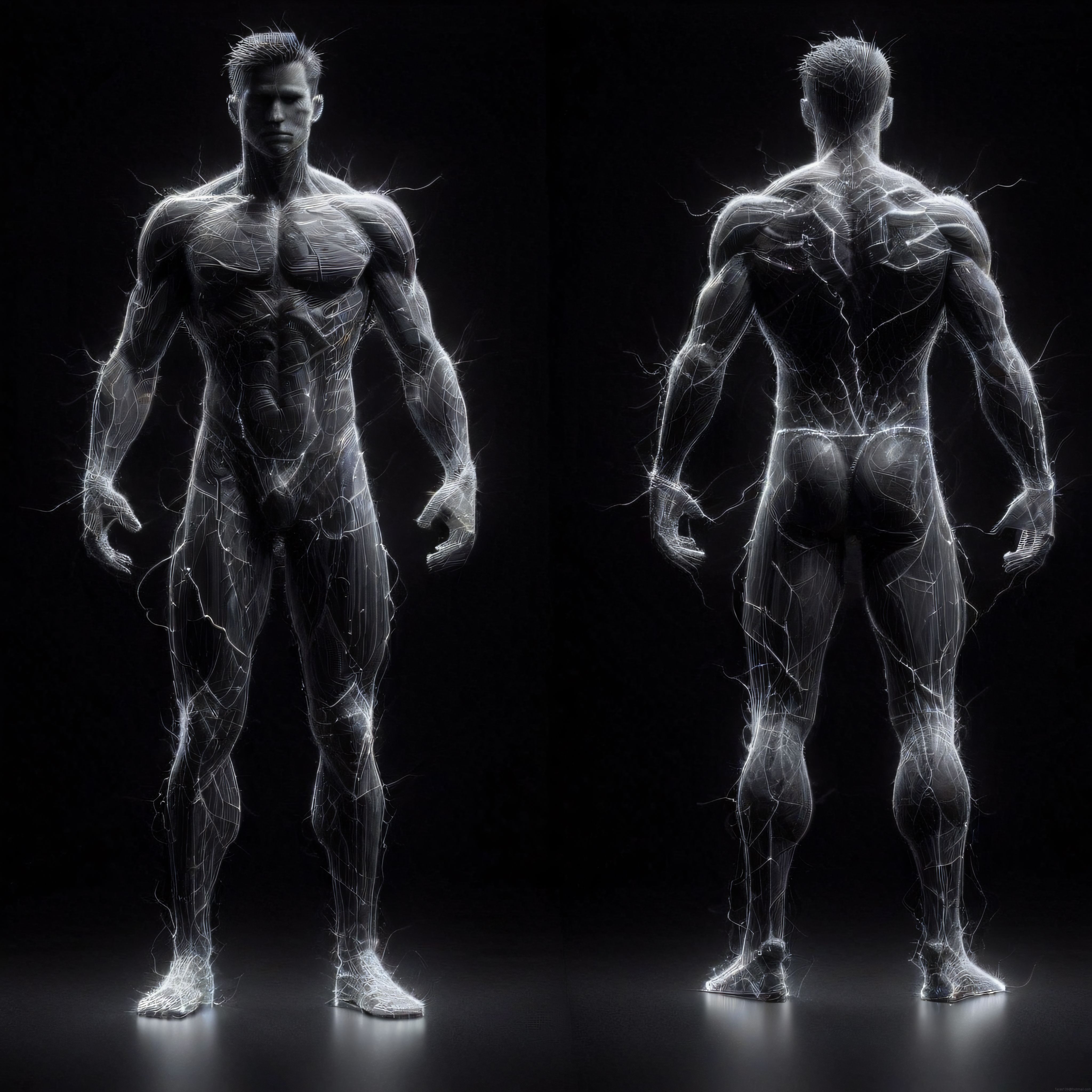 Işıklı Tel Çerçeve İnsan Anatomisi: Ön ve Arka Görünüm Dijital Model