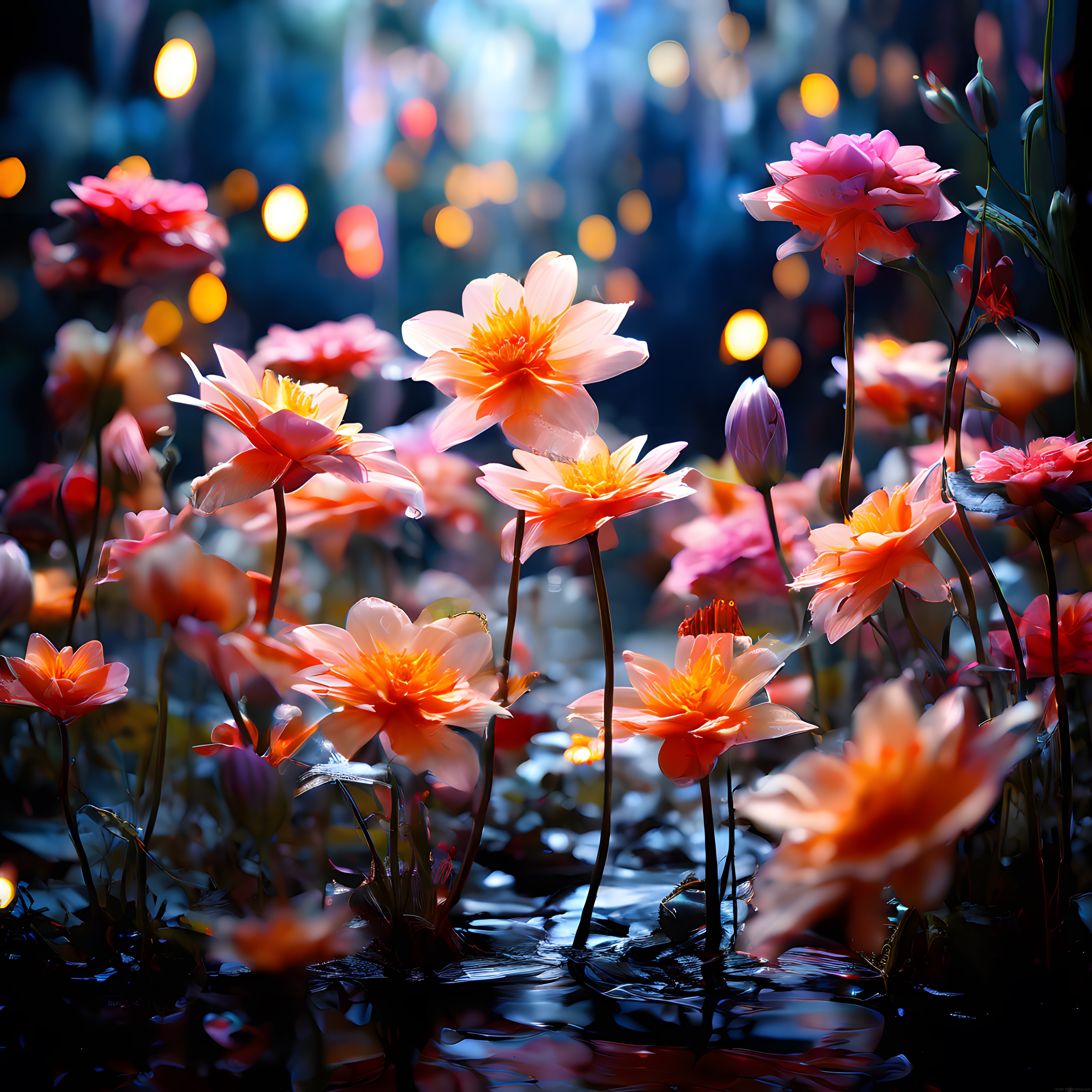 ışıl ışıl bokeh efektli renkli çiçeklerin büyüleyici dijital bahçe görüntüsü