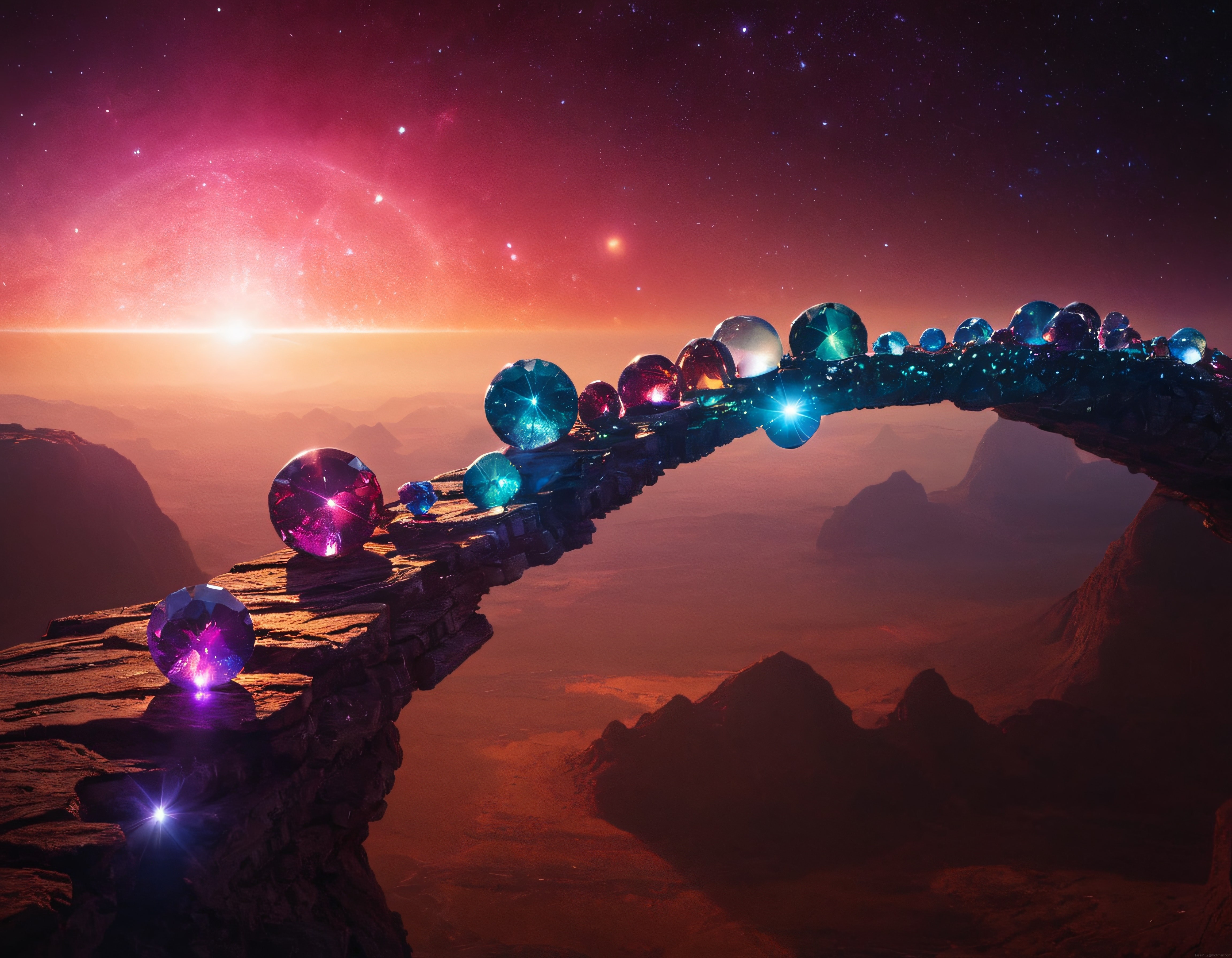 Işıldayan Kristal Kürelerin Gizemli Uzay Köprüsü ve Nebula Manzarası